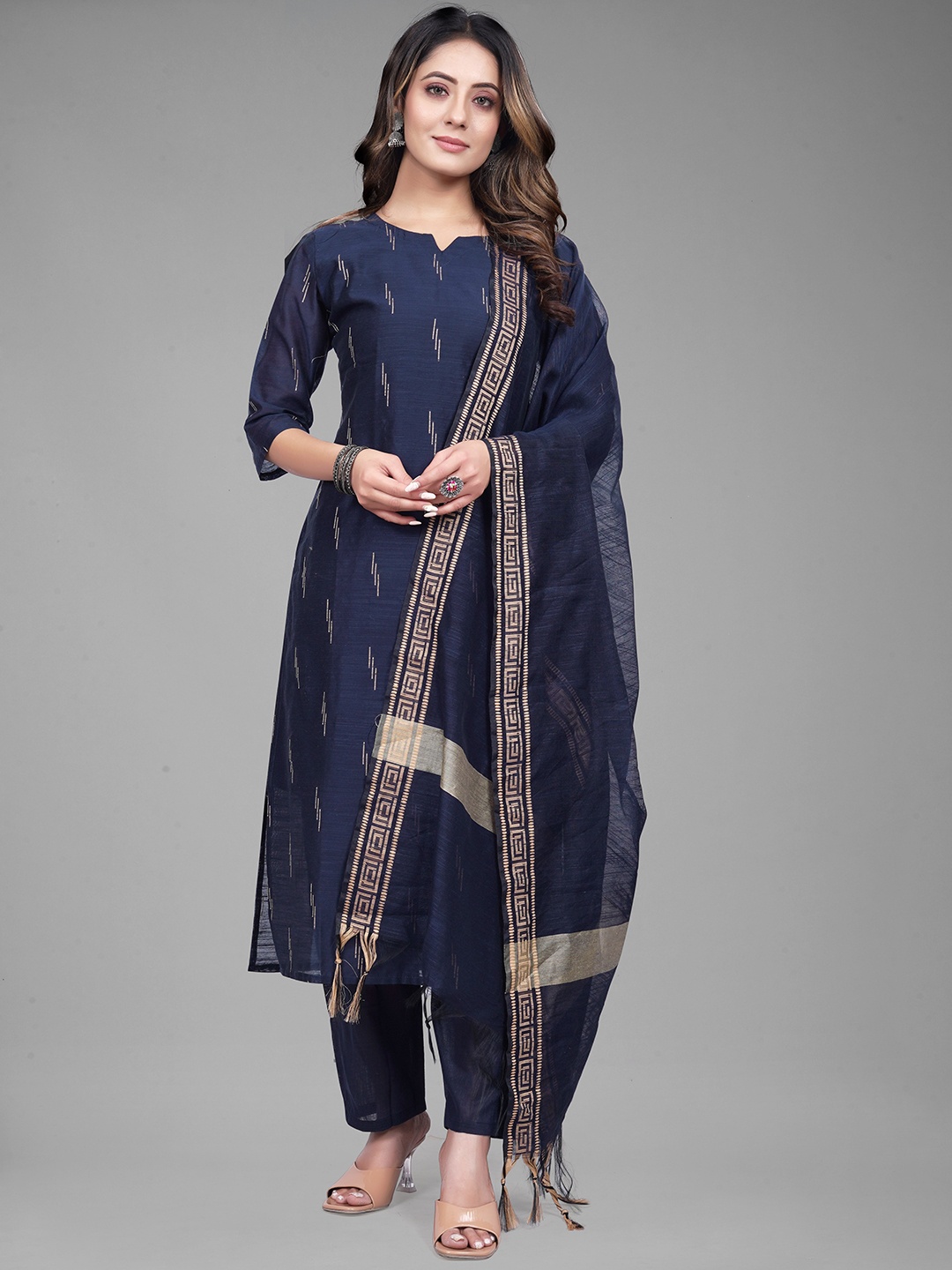 

revika Geometric Printed Straight Kurta With Trousers & Dupatta, Blue