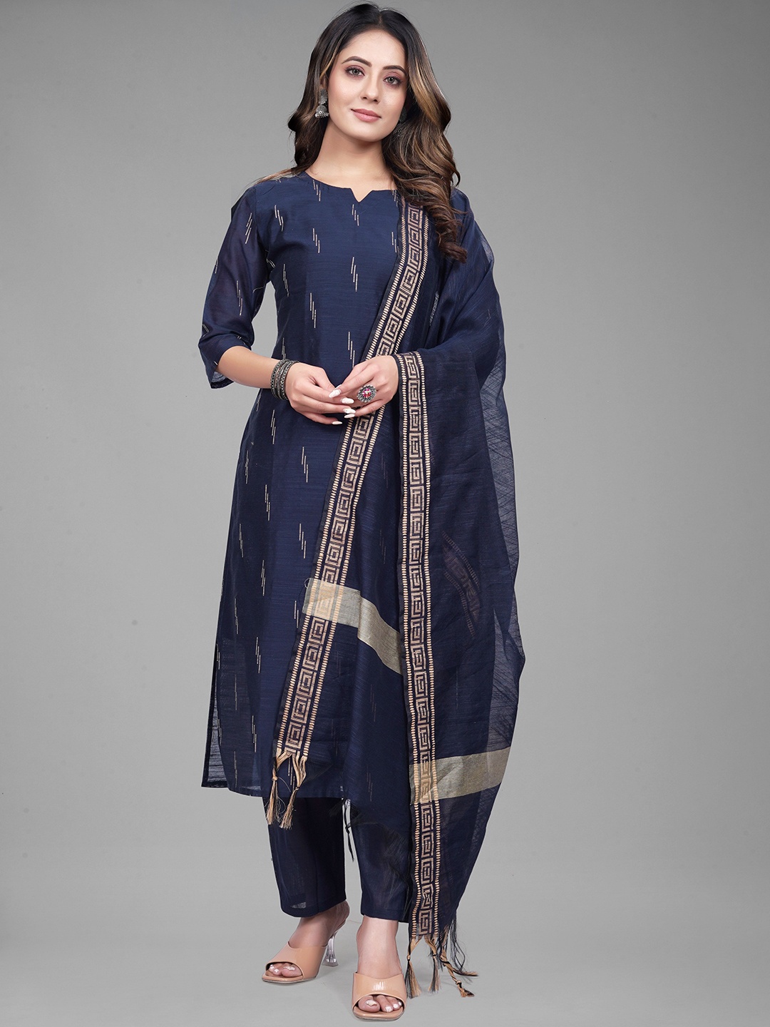 

revika Notched Neck Woven Design Straight Kurta with Trouser & Dupatta, Blue