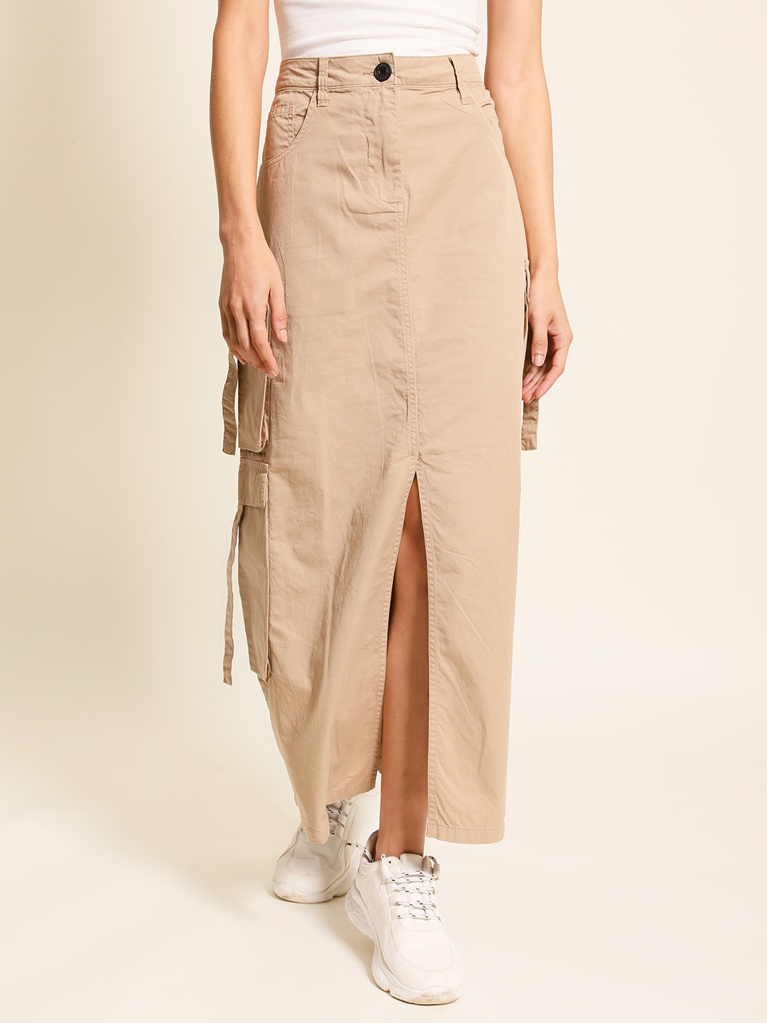 

Bene Kleed Pure Cotton A Line Cargo Maxi Skirt, Beige