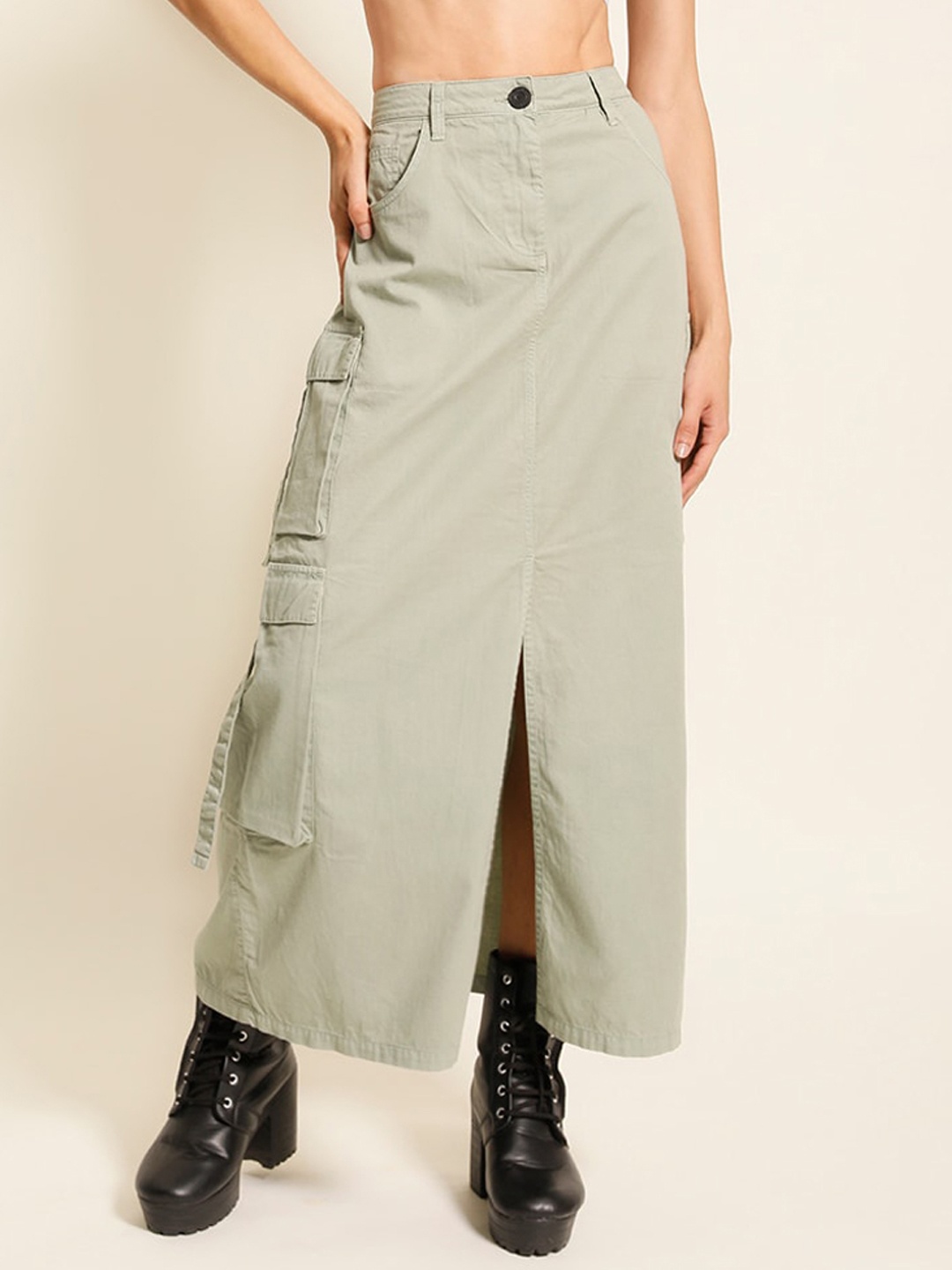 

Bene Kleed Pure Cotton A-Line Cargo Maxi Skirt, Green