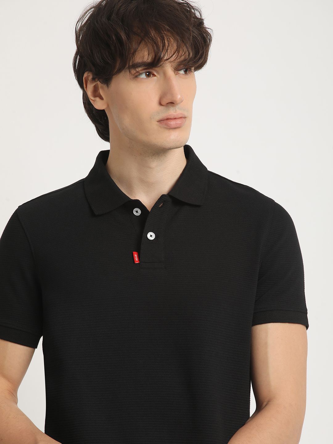 

THE BEAR HOUSE Self Design Polo Collar Pure Cotton T-shirt, Black