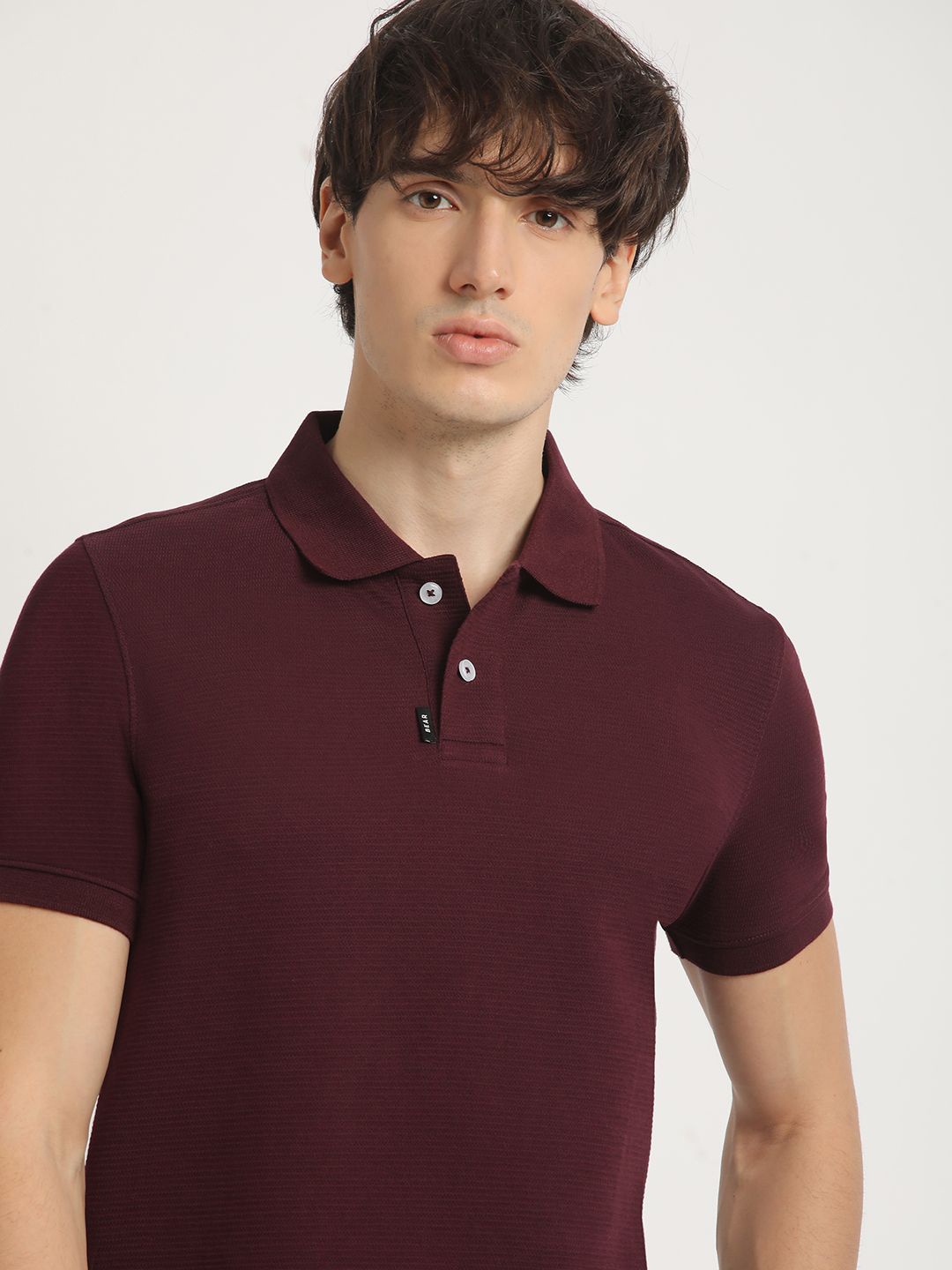 

THE BEAR HOUSE Self Design Polo Collar Pure Cotton T-shirt, Maroon