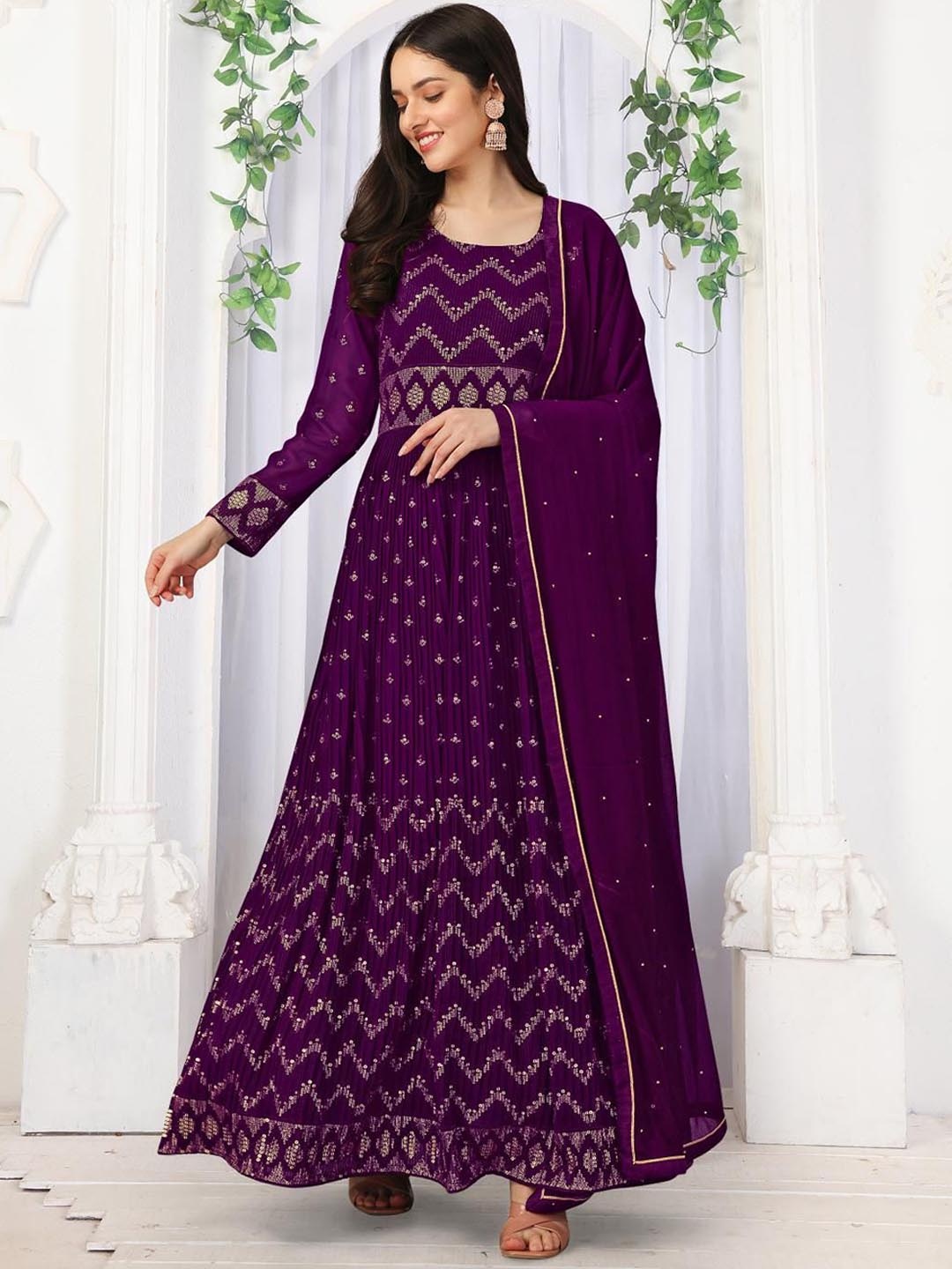 

Trendmalls Embroidered Anarkali Sequinned Silk Georgette Kurta with Trousers & Dupatta, Purple