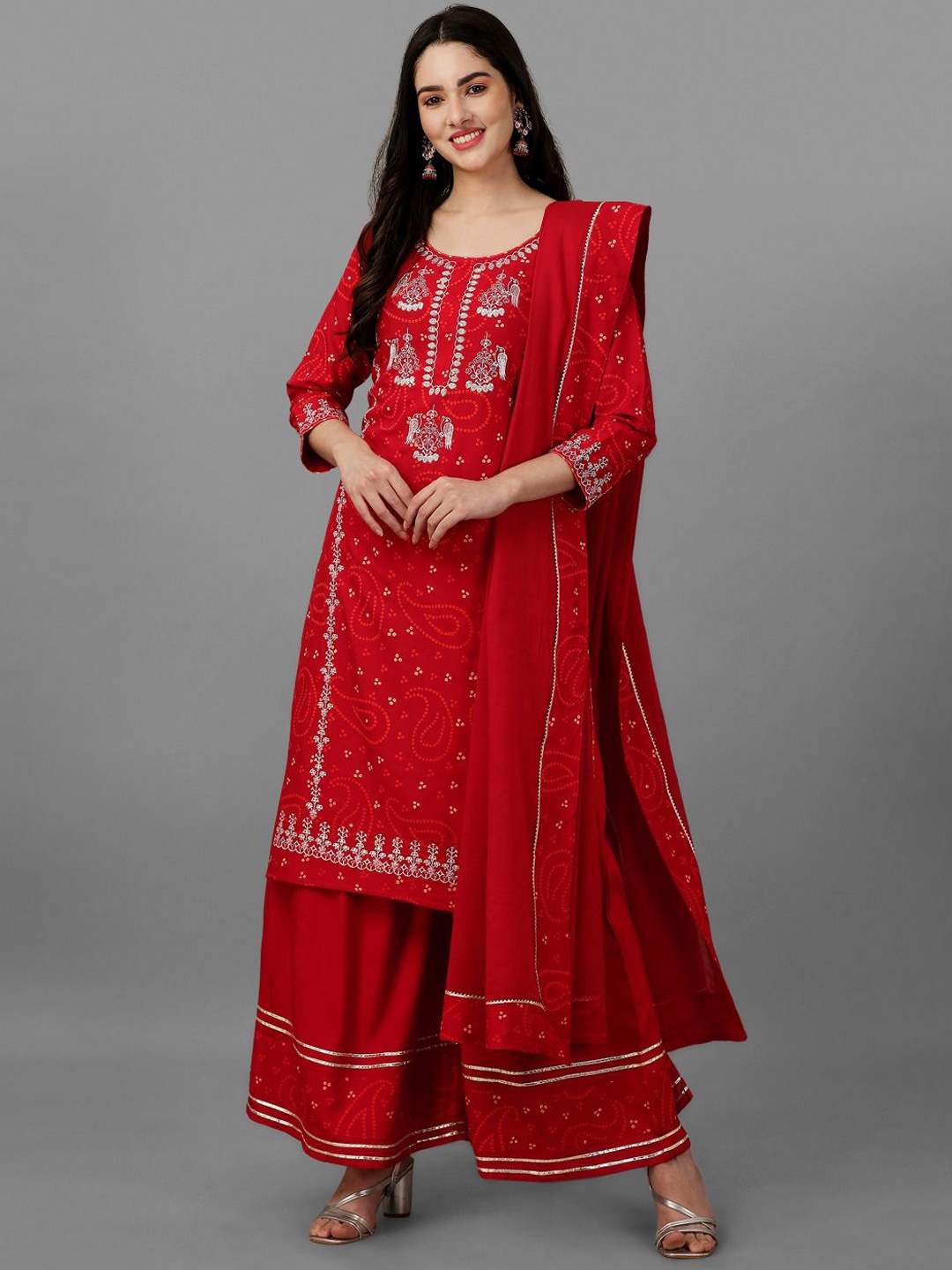 

Trendmalls Floral Embroidered Straight Sequinned Kurta with Palazzos & Dupatta, Red