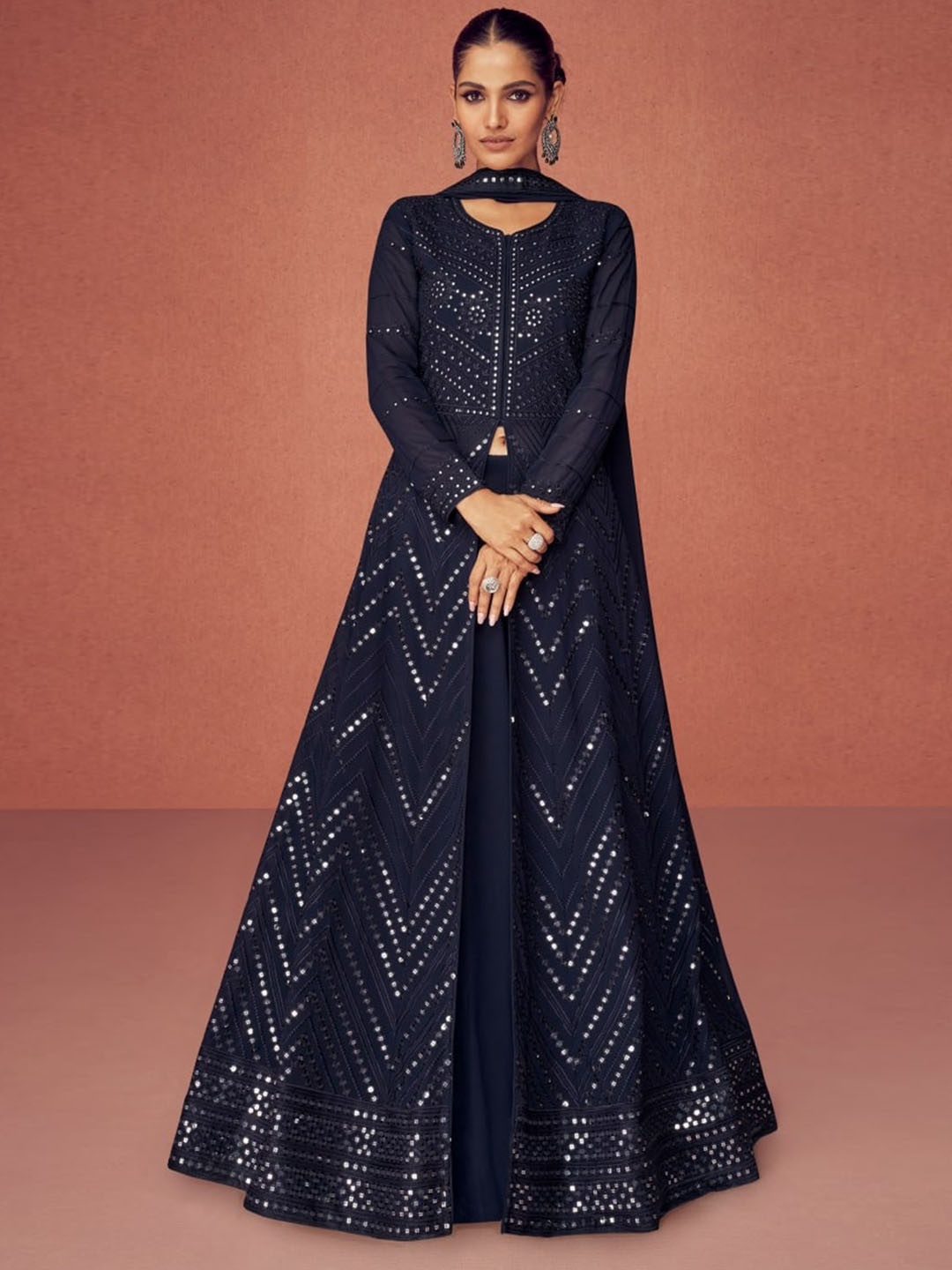 

Trendmalls Women Embroidered Sequinned Silk Georgette Kurta with Trousers, Blue