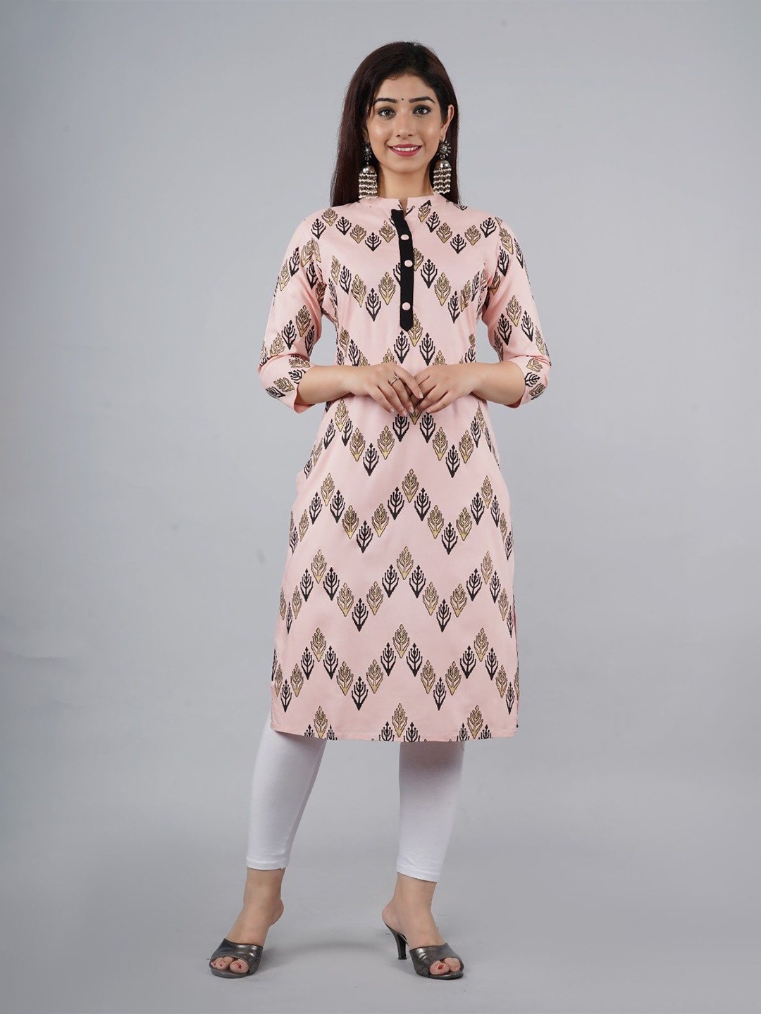 

Chaukas Mandarin Collar Ethnic Motifs Printed Straight Kurtas, Pink