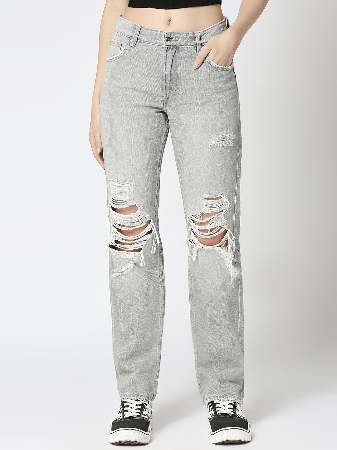 

LOVEGEN Women Straight Fit Highly Distressed Heavy Fade Cotton Jeans, Grey