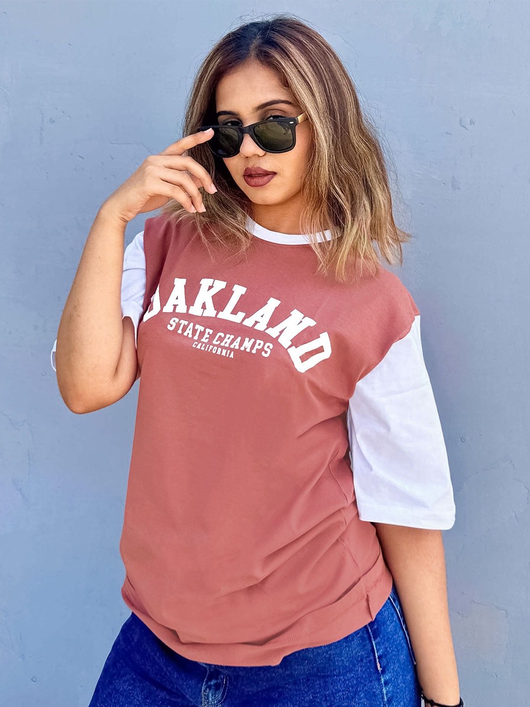 

Maniac Round Neck Typography Printed Cotton Oversized T-shirt, Pink