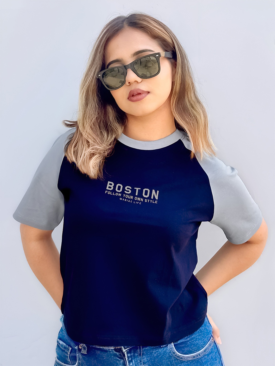 

Maniac Round Neck Typography Colorblocked Cotton Slim Fit T-shirt, Blue