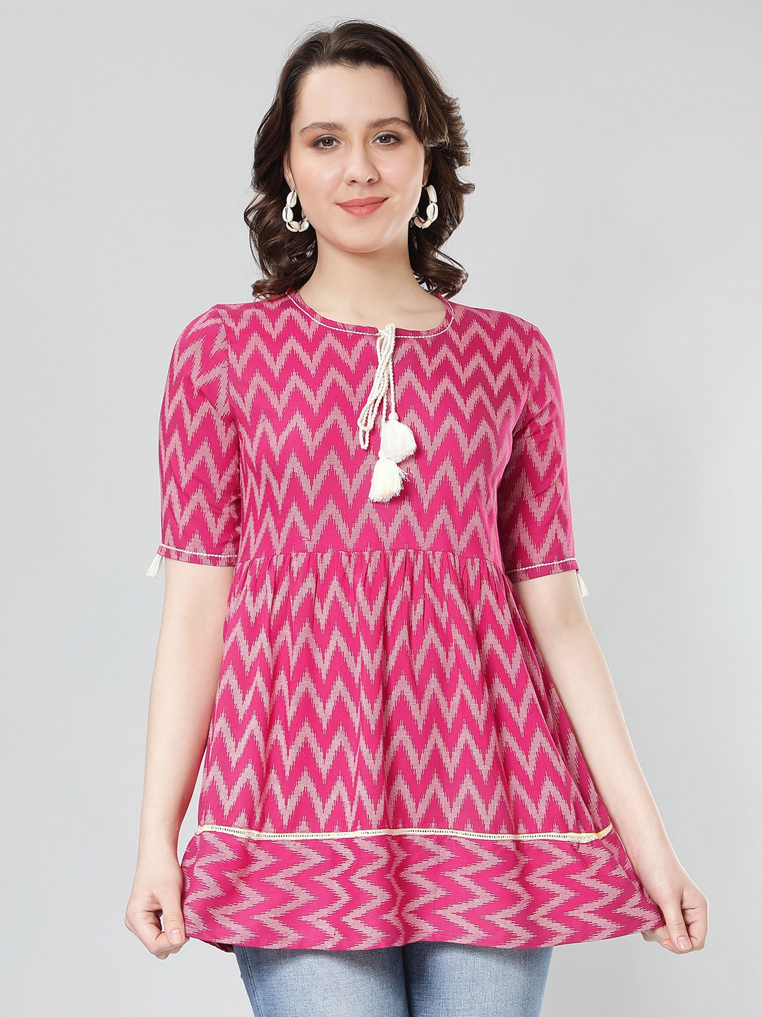 

KASYA Geometric Printed Tie-Up Neck Top, Pink