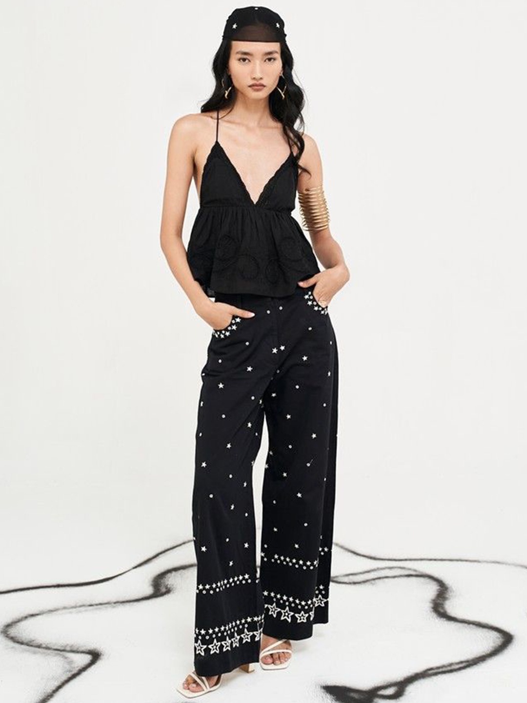 

VERB BY PALLAVI SINGHEE Printed Cotton Regular Trousers, Black