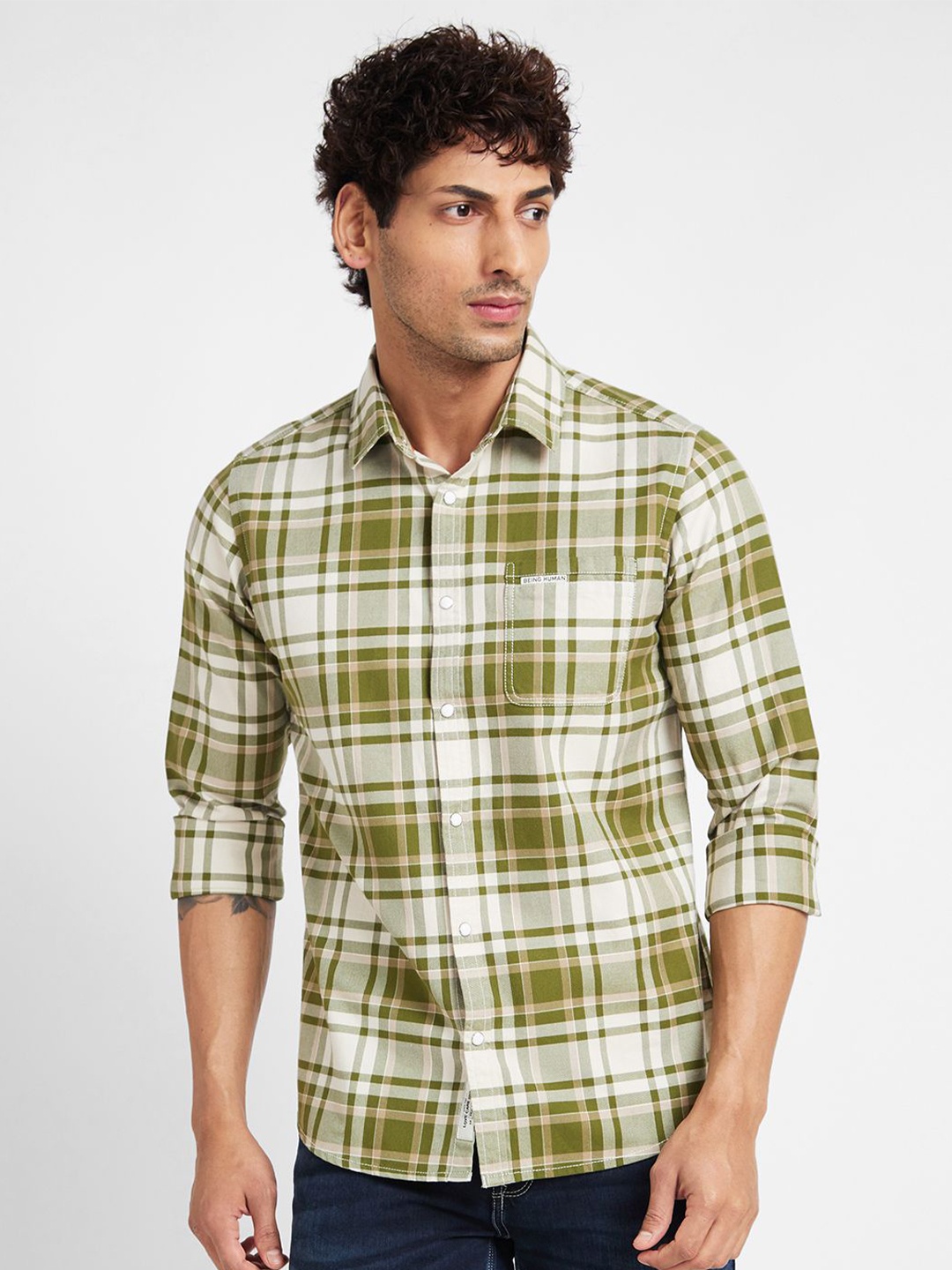 

Being Human Men Slim Fit Tartan Checks Opaque Checked Casual Shirt, Green