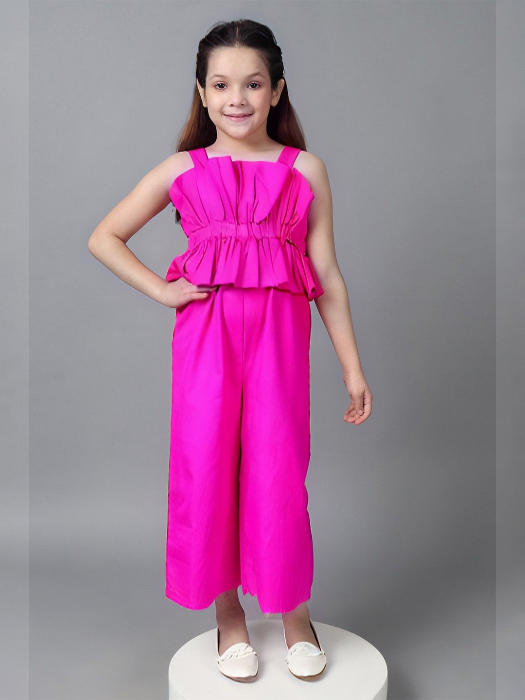 

One Friday Girls Shoulder Straps Ruffle Detail Pure Cotton Culotte Jumpsuit, Pink