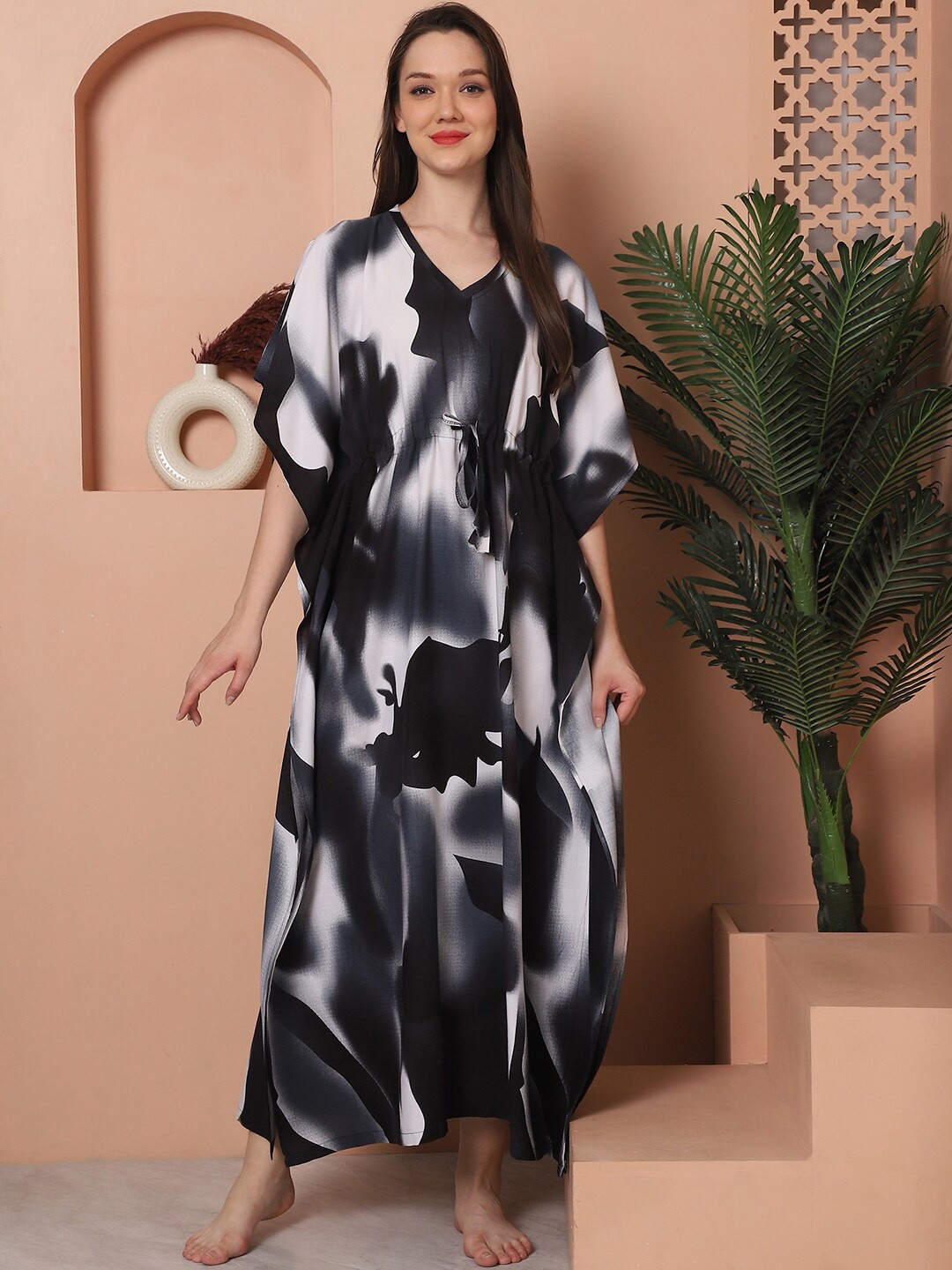 

Claura Printed Maxi Kaftan Nightdress, Black