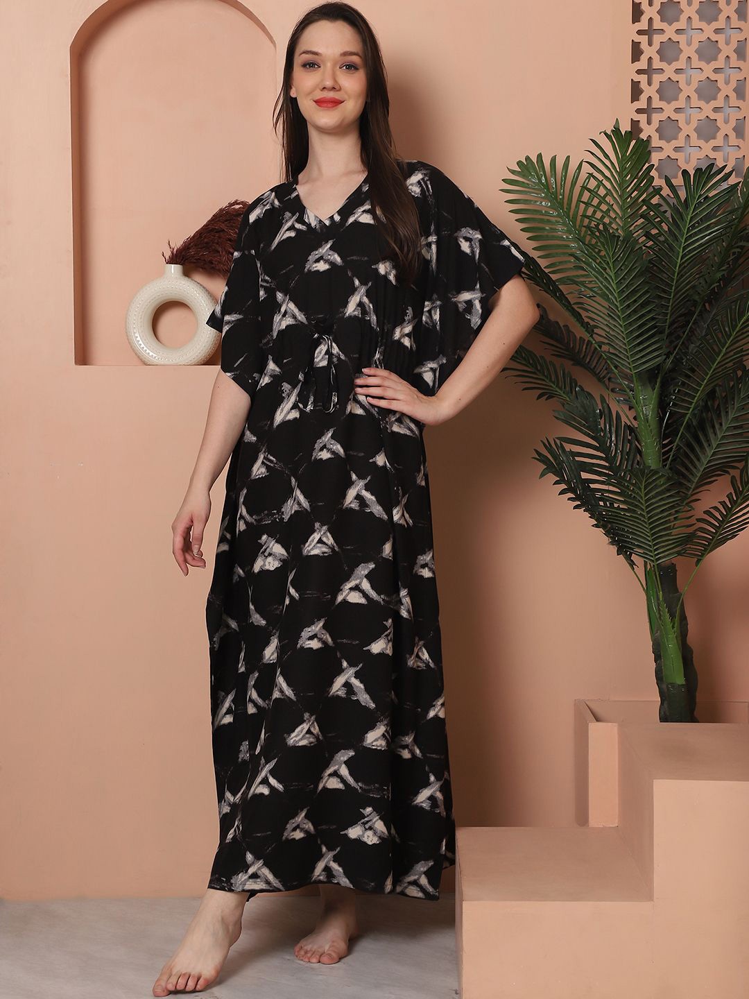 

Claura Printed Maxi Kaftan Nightdress, Black