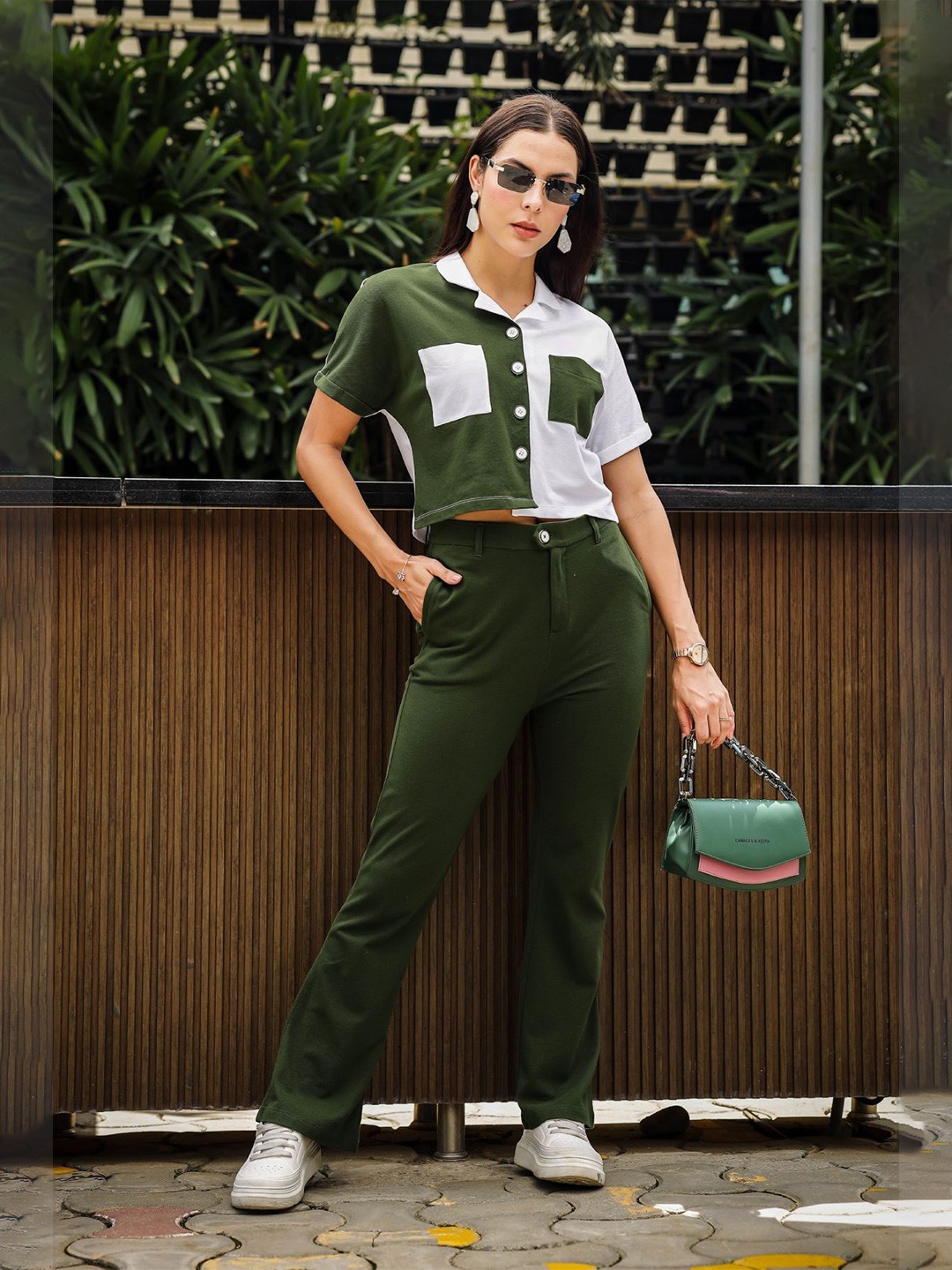 

ONE SKY Women Colourblocked Pure Cotton Shirt with Trousers, Green
