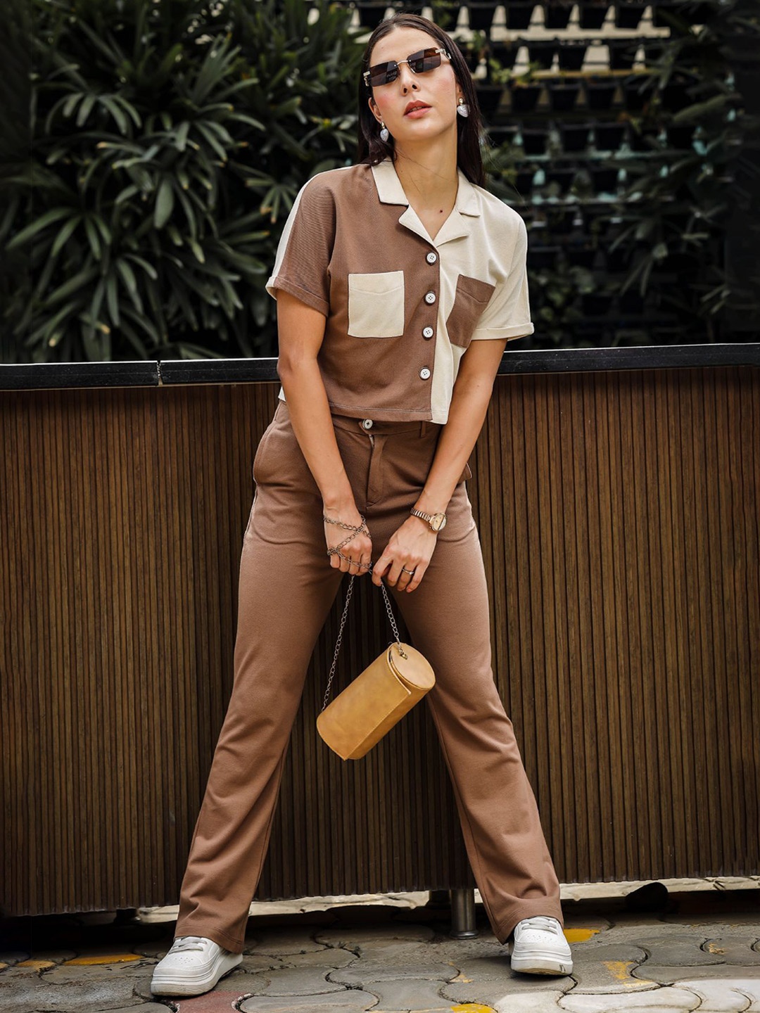 

ONE SKY Colourblocked Pure Cotton Lapel Collar Shirt With Trouser, Brown