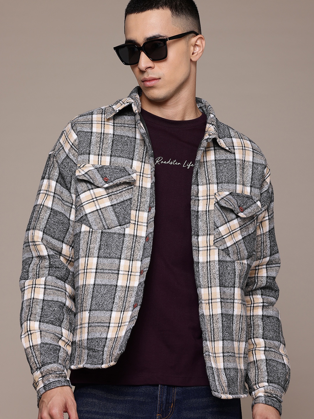 

The Roadster Lifestyle Co. Tartan Checked Spread Collar Tailored Jacket, Grey