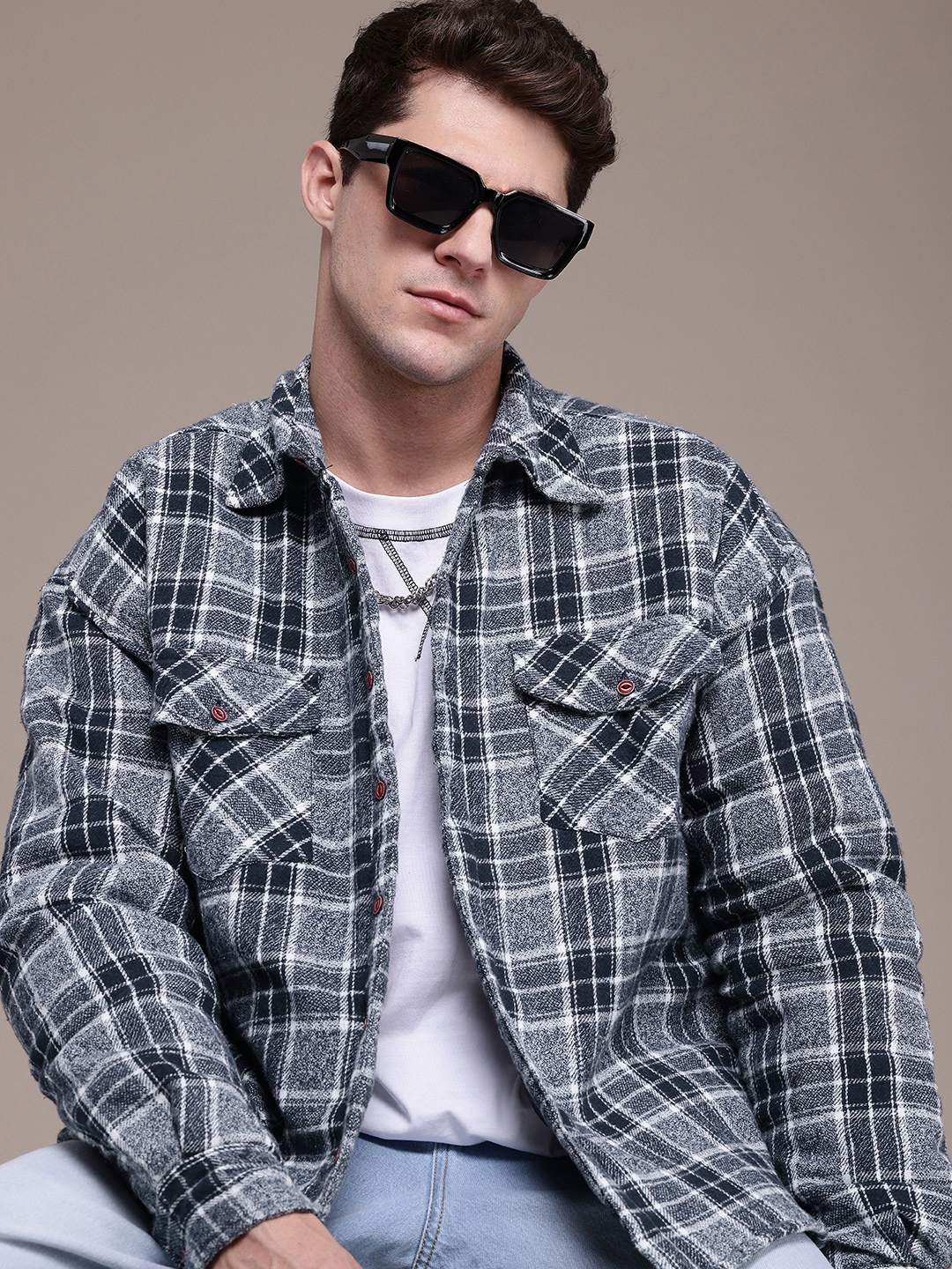 

The Roadster Life Co. Spread Collar Checked Tailored Jacket, Navy blue