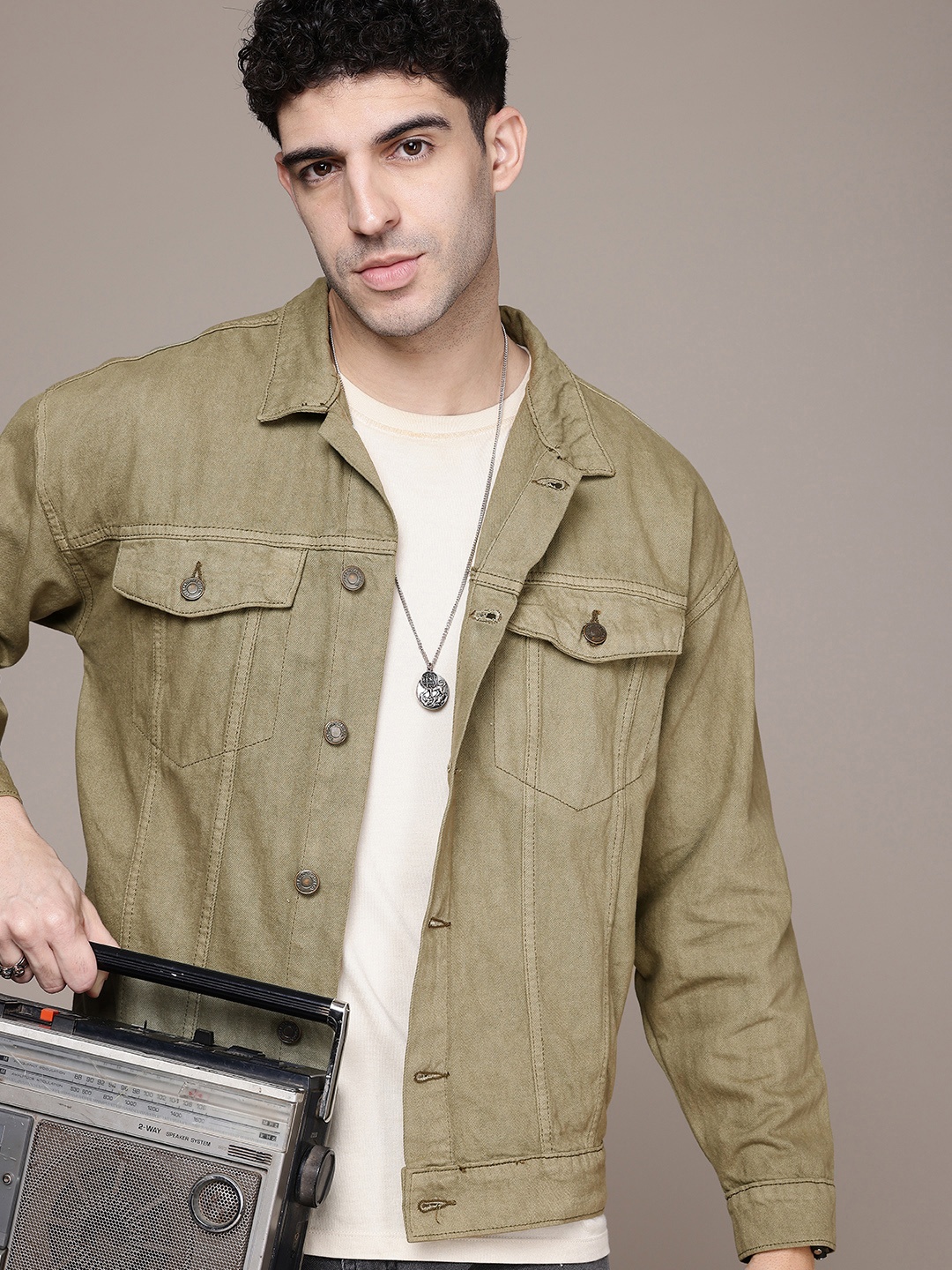 

The Roadster Life Co. Pure Cotton Relaxed Fit Denim Jacket, Olive