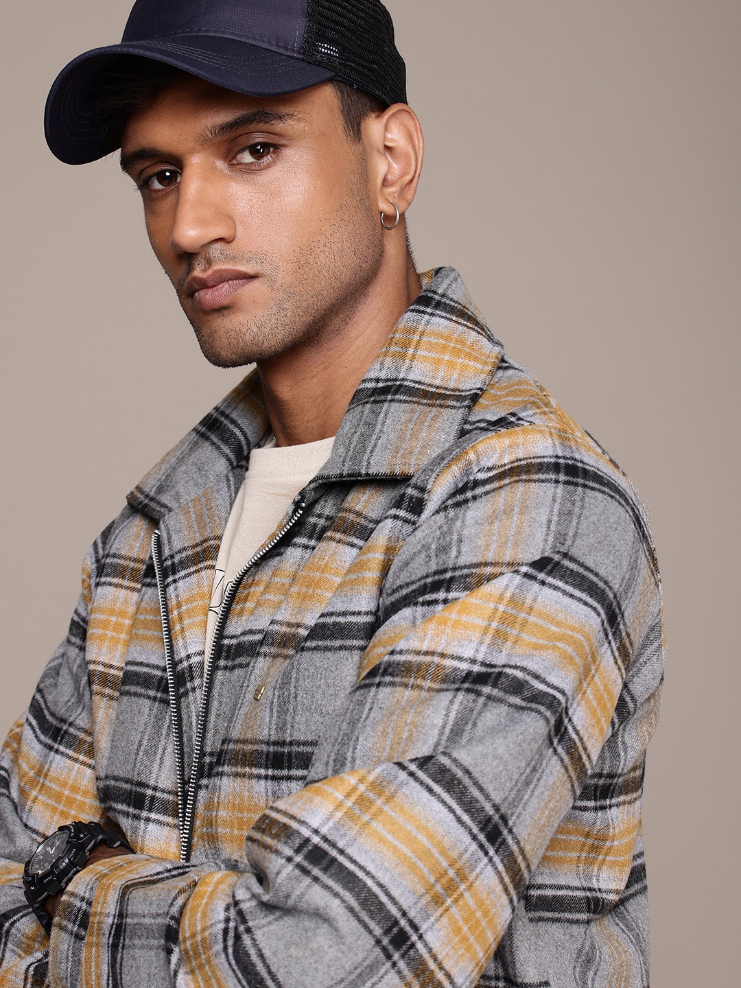 

The Roadster Life Co. Checked Mock Collar Tailored Jacket, Grey