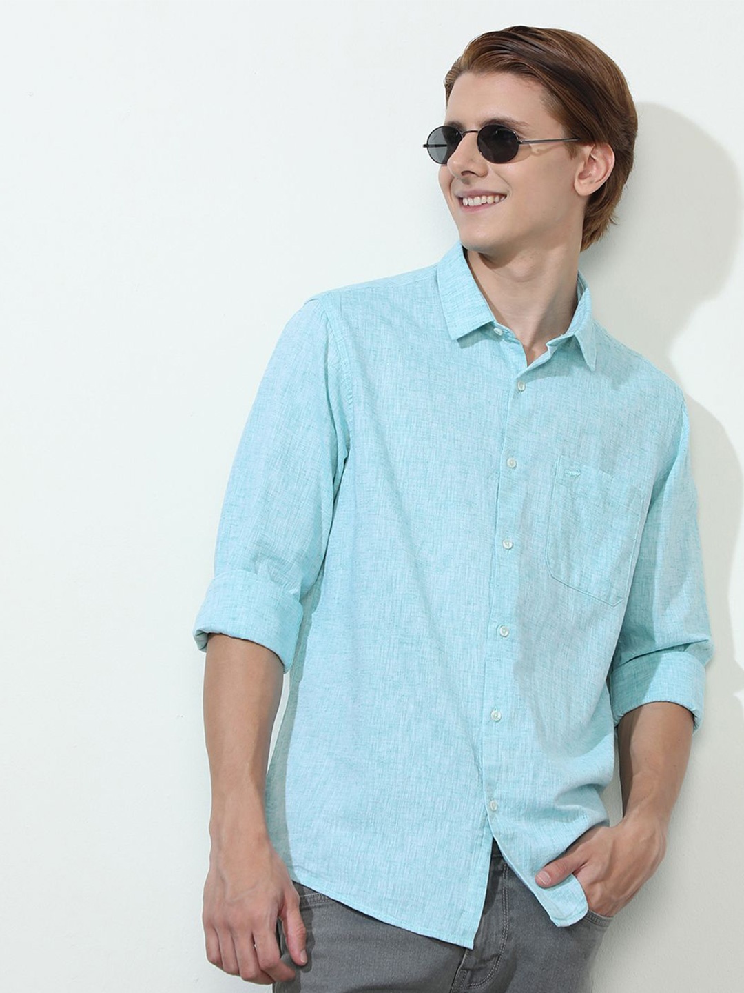 

Crocodile Comfort Fit Spread Collar Long Sleeves Cotton Linen Casual Shirt, Turquoise blue