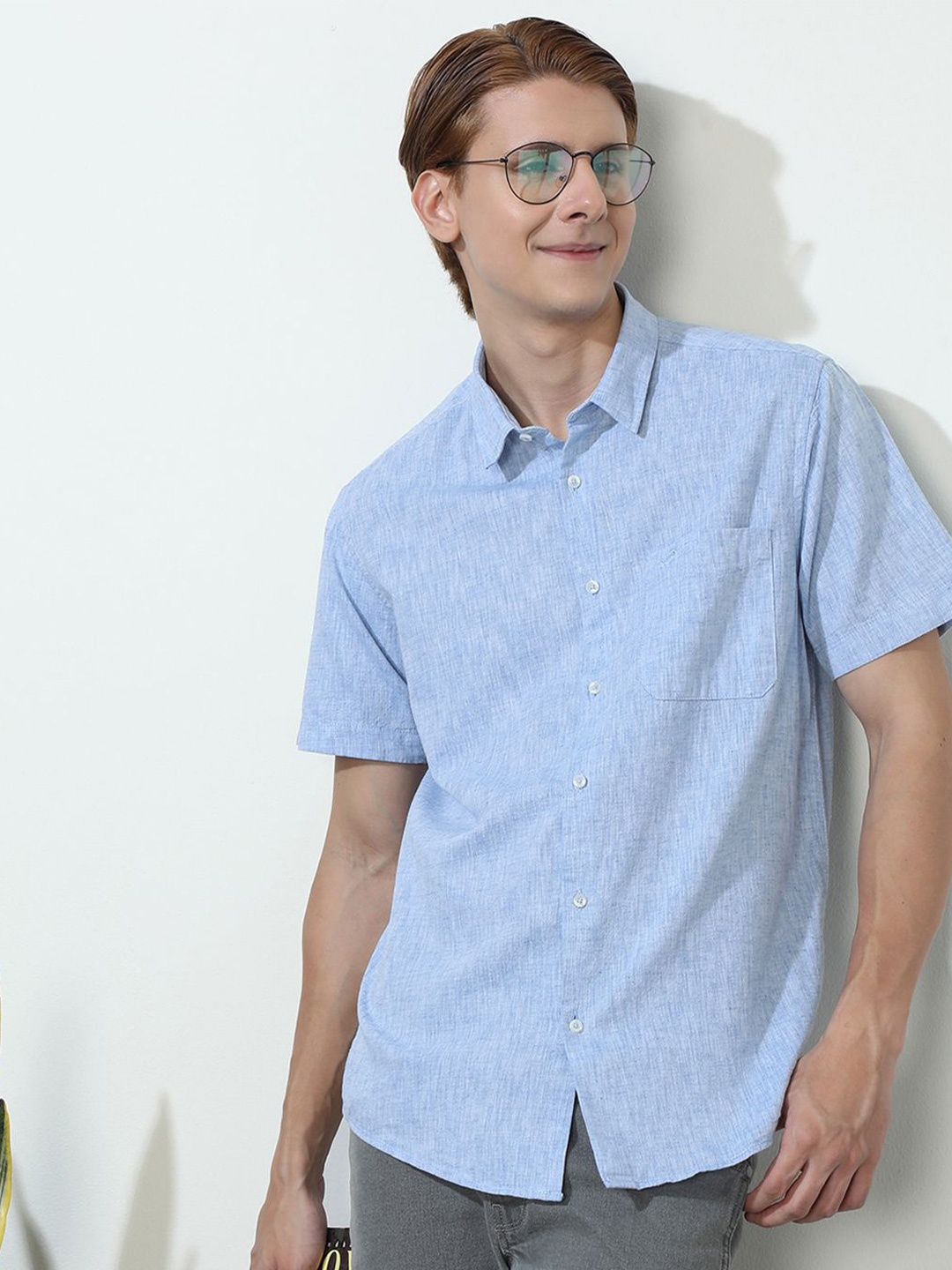 

Crocodile Comfort Fit Self Design Spread Collar Cotton Linen Casual Shirt, Blue