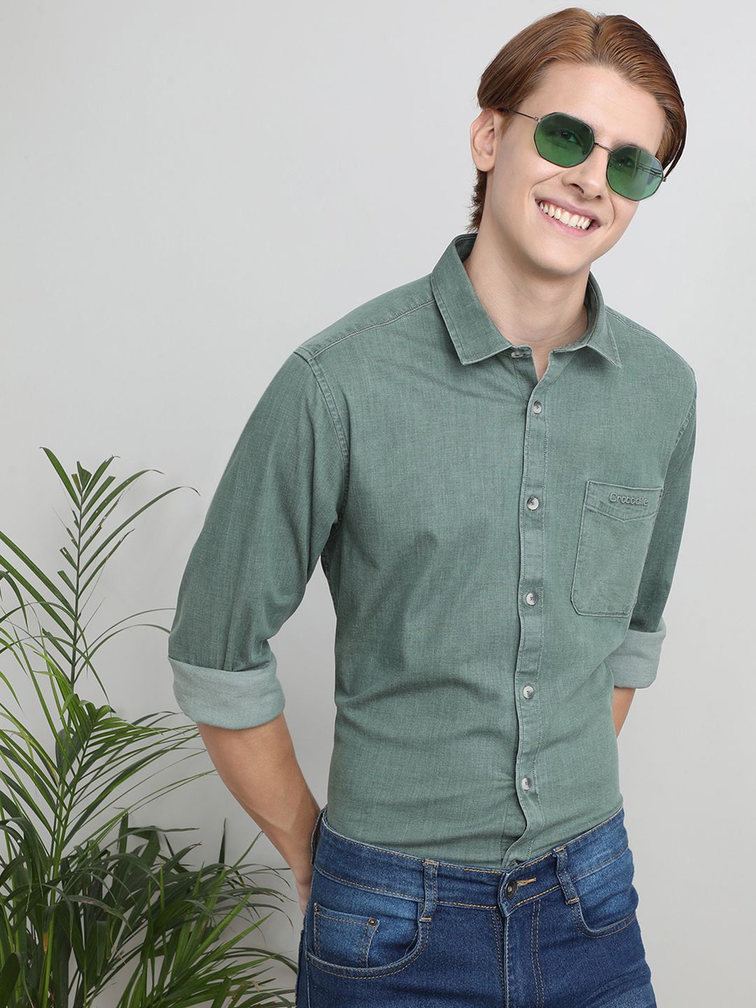 

Crocodile Spread Collar Comfort Cotton Casual Shirt, Olive