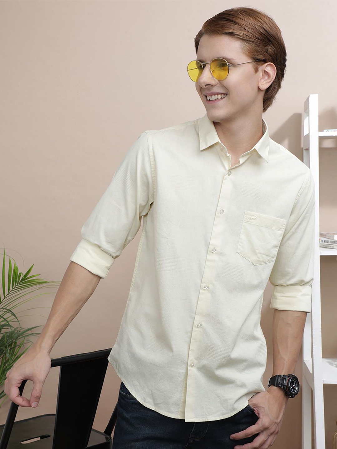 

Crocodile India Slim Fit Spread Collar Long Sleeves Cotton Casual Shirt, Cream