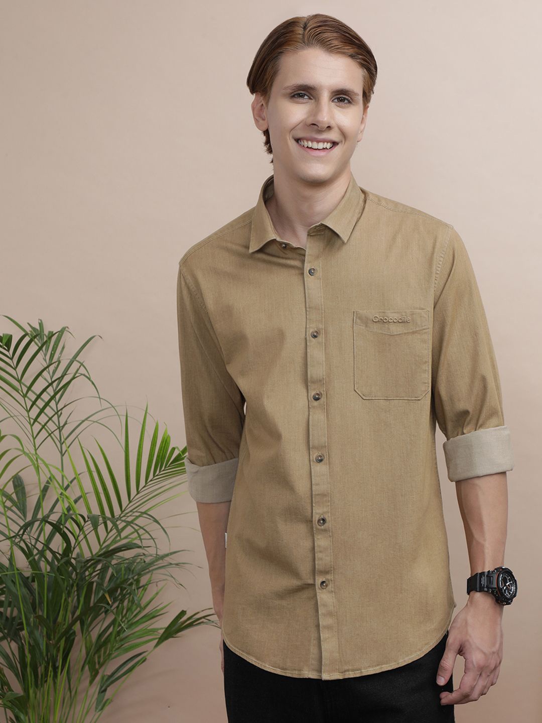 

Crocodile Signature Comfort Spread Collar Long Sleeves Cotton Casual Shirt, Khaki