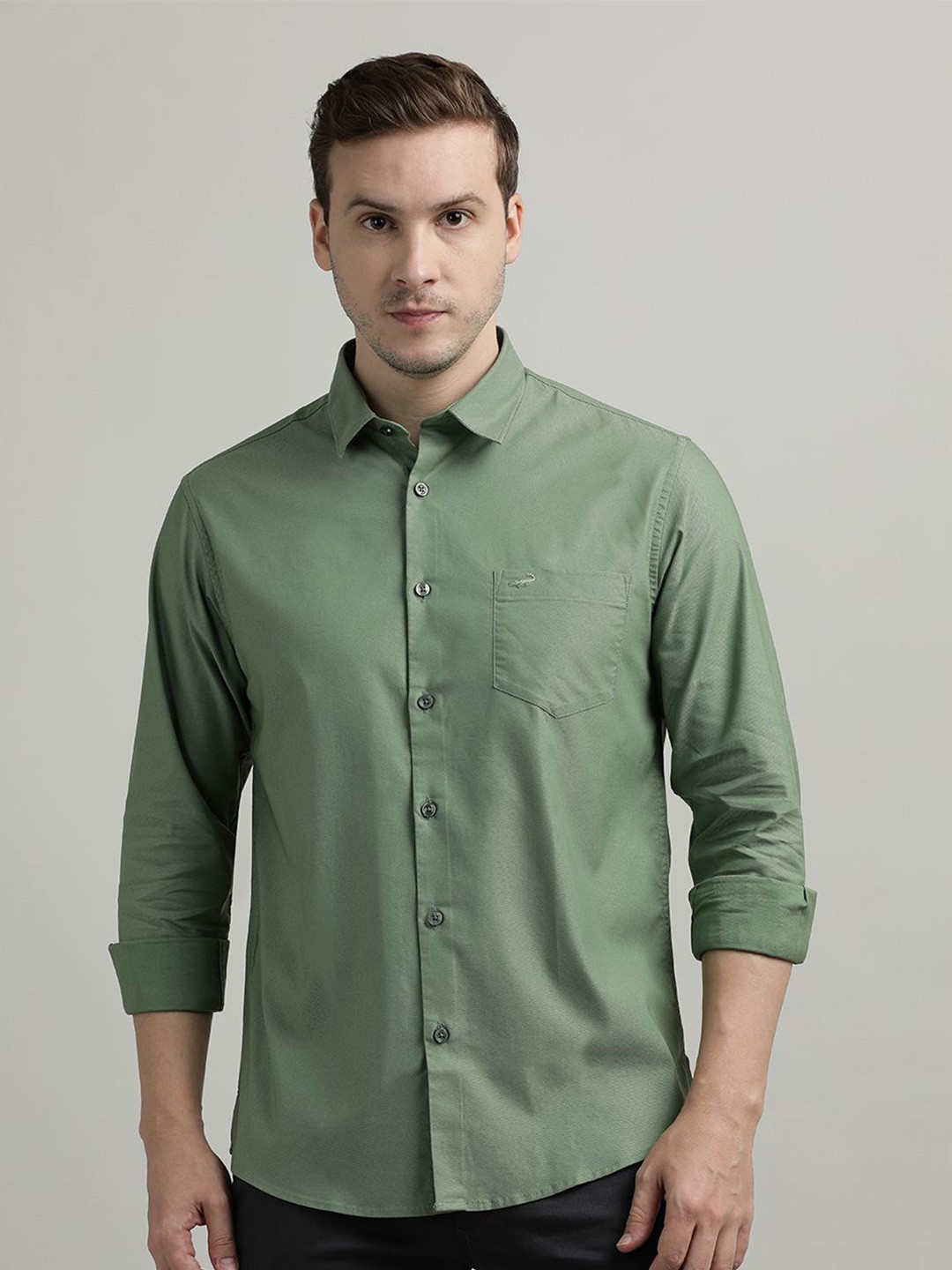 

Crocodile India Slim Fit Spread Collar Long Sleeves Casual Shirt, Olive