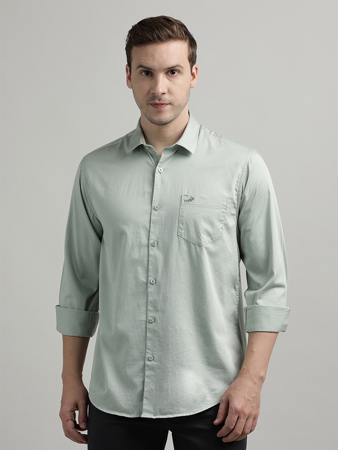 

Crocodile Comfort Fit Spread Collar Long Sleeves Cotton Casual Shirt, Blue