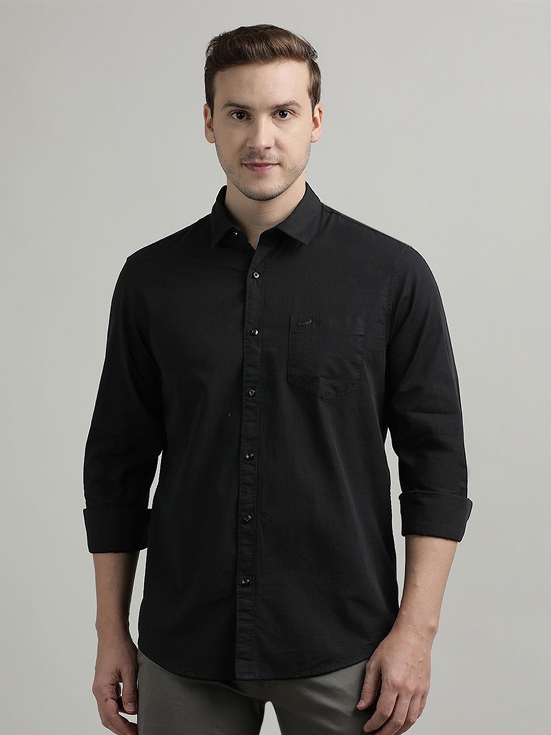 

Crocodile Comfort Fit Spread Collar Long Sleeves Cotton Casual Shirt, Black