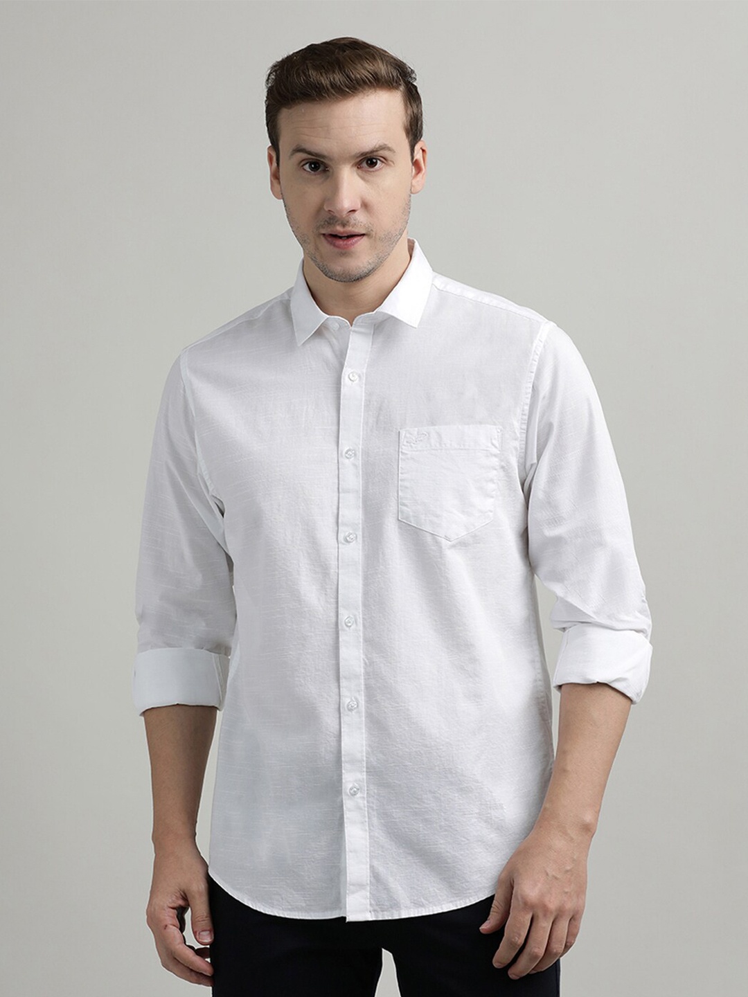 

Crocodile Comfort Fit Spread Collar Long Sleeves Cotton Casual Shirt, White