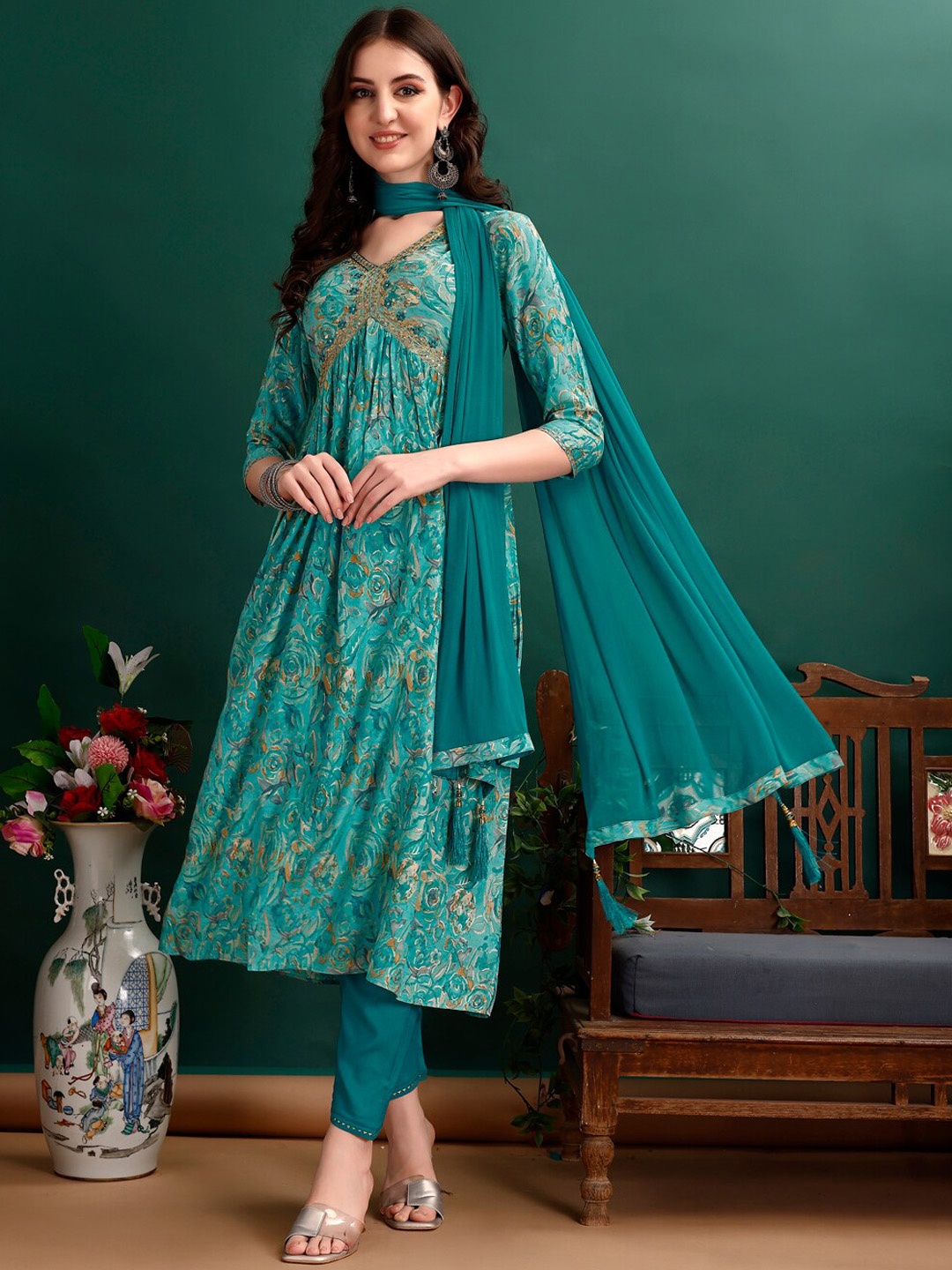 

KALINI Floral Embroidered Zari V-Neck A-Line Kurta With Trousers & Dupatta, Blue