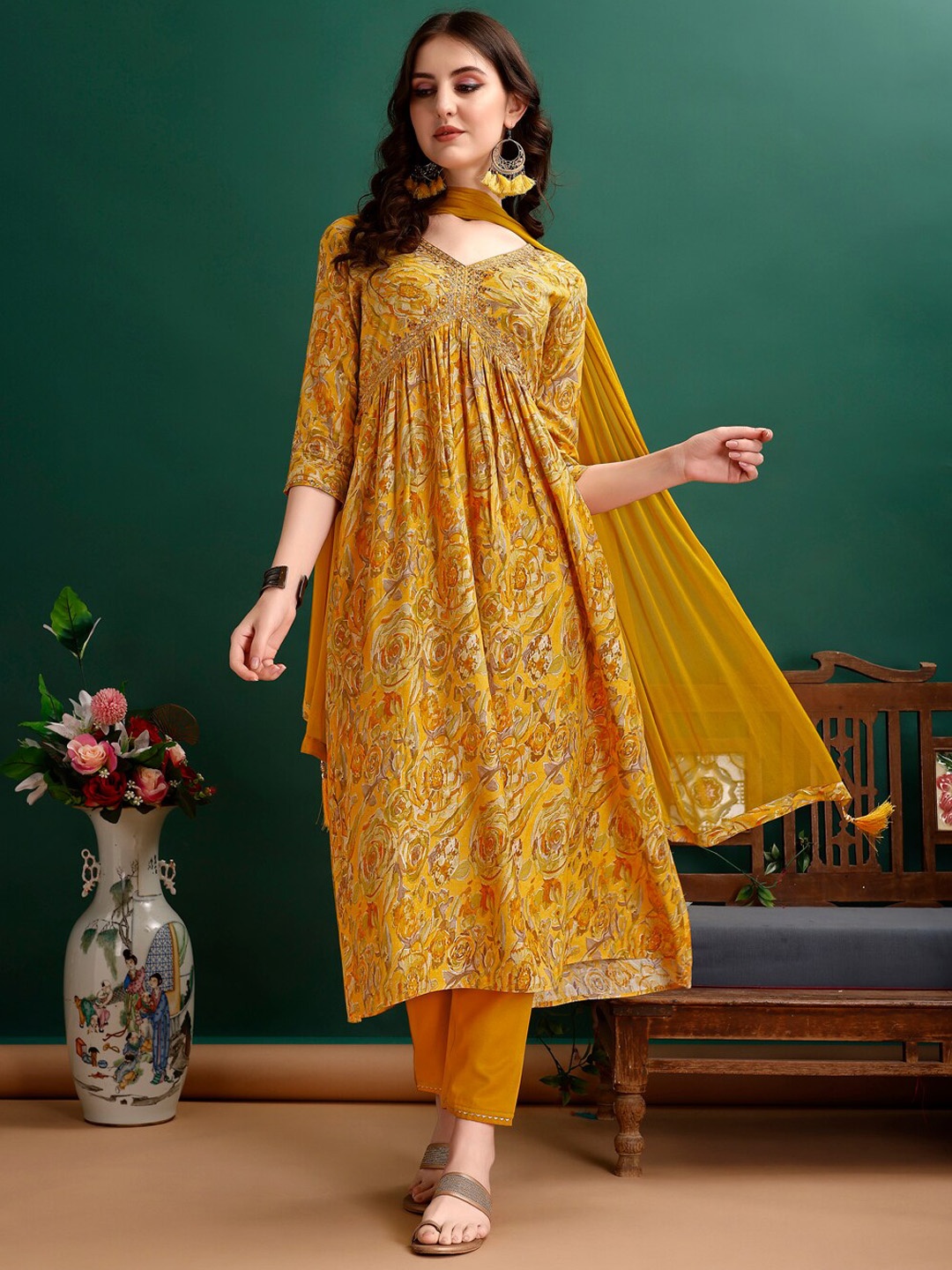 

KALINI Floral Embroidered V-Neck Zari Anarkali Kurta With Trousers & Dupatta, Mustard