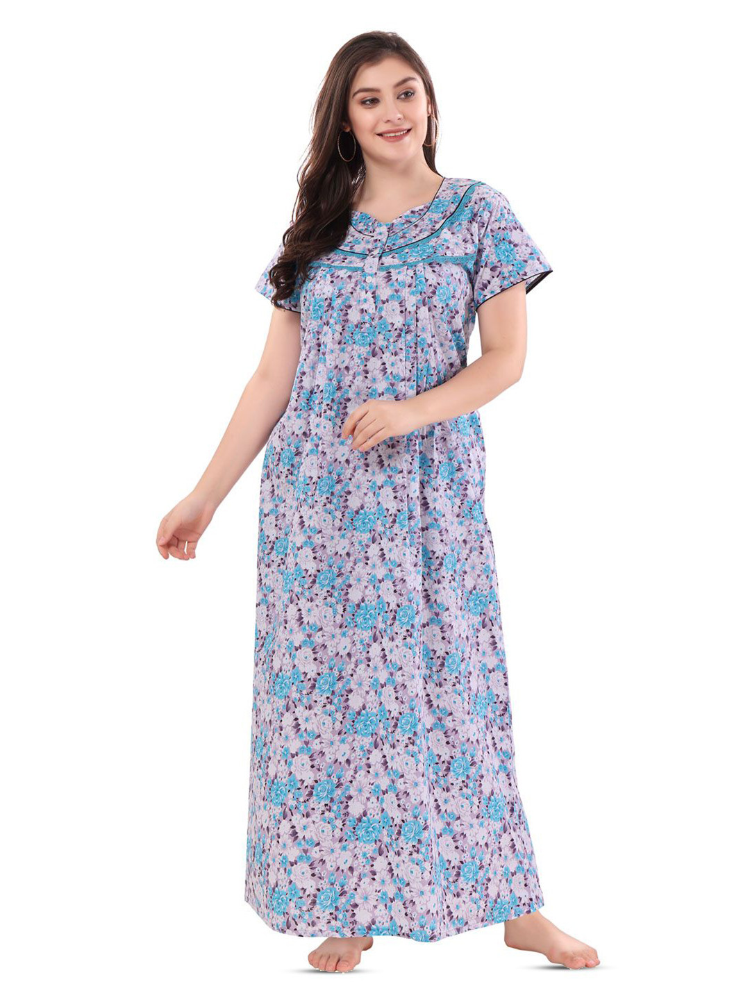 

Soulemo Floral Printed Pure Cotton Maxi Nightdress, Blue