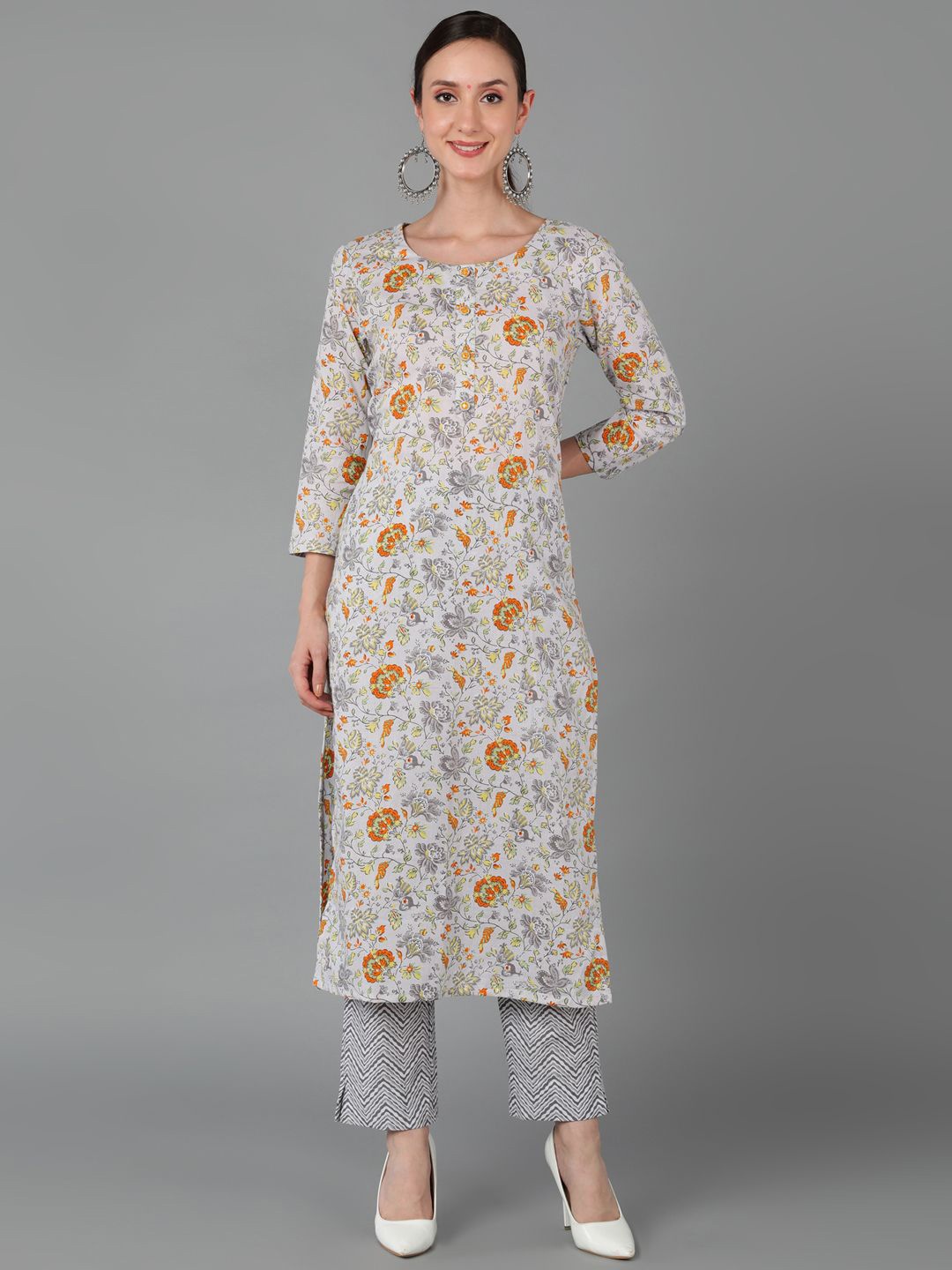 

KALINI Round Floral Printed Cotton Straight Kurta, Grey