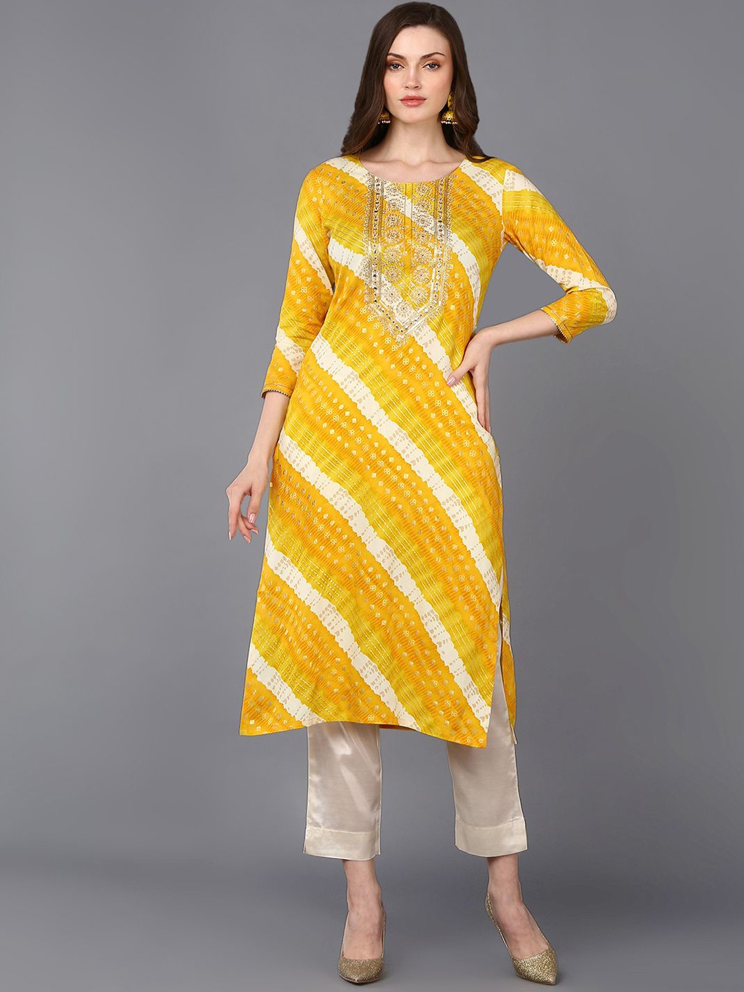 

KALINI Round Neck Geometric Thread Work Straight Kurta, Yellow