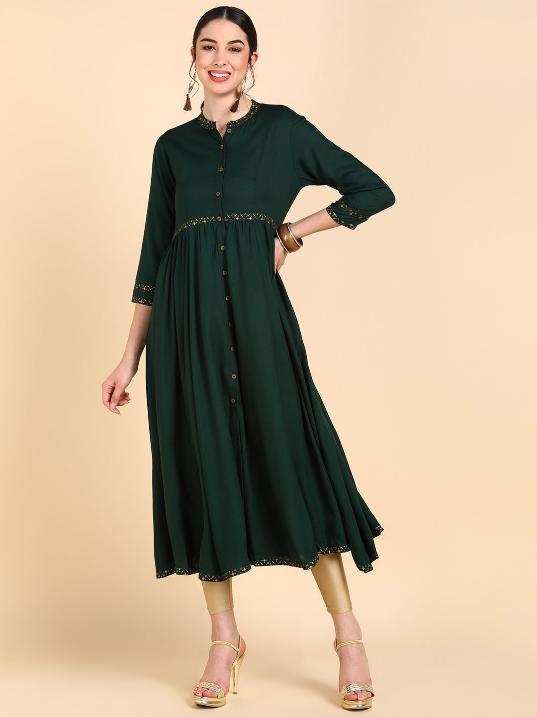 

KALINI Yoke Design Band Collar Anarkali Kurta, Green