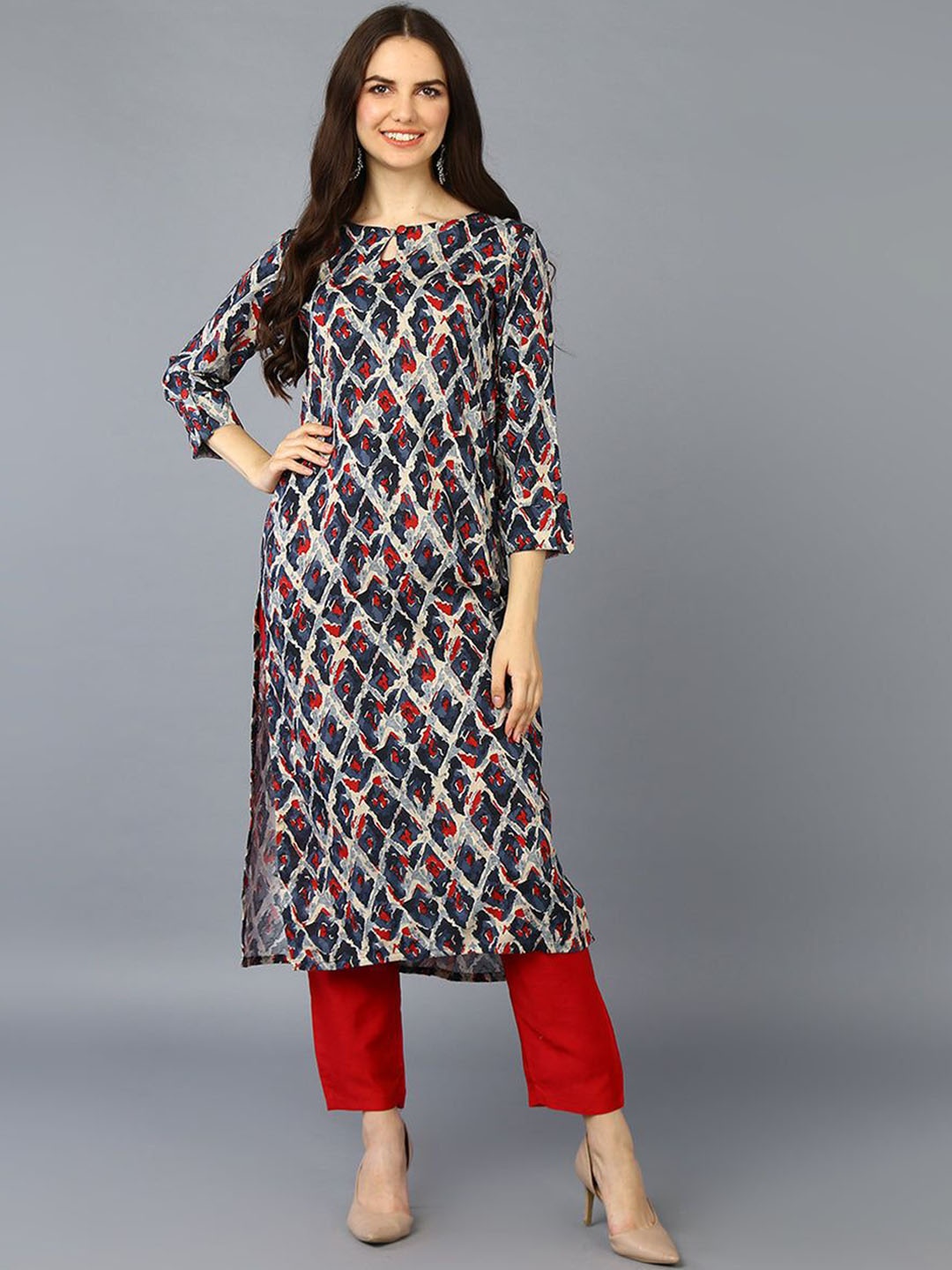 

KALINI Abstract Printed Boat Neck Straight Kurta, Charcoal