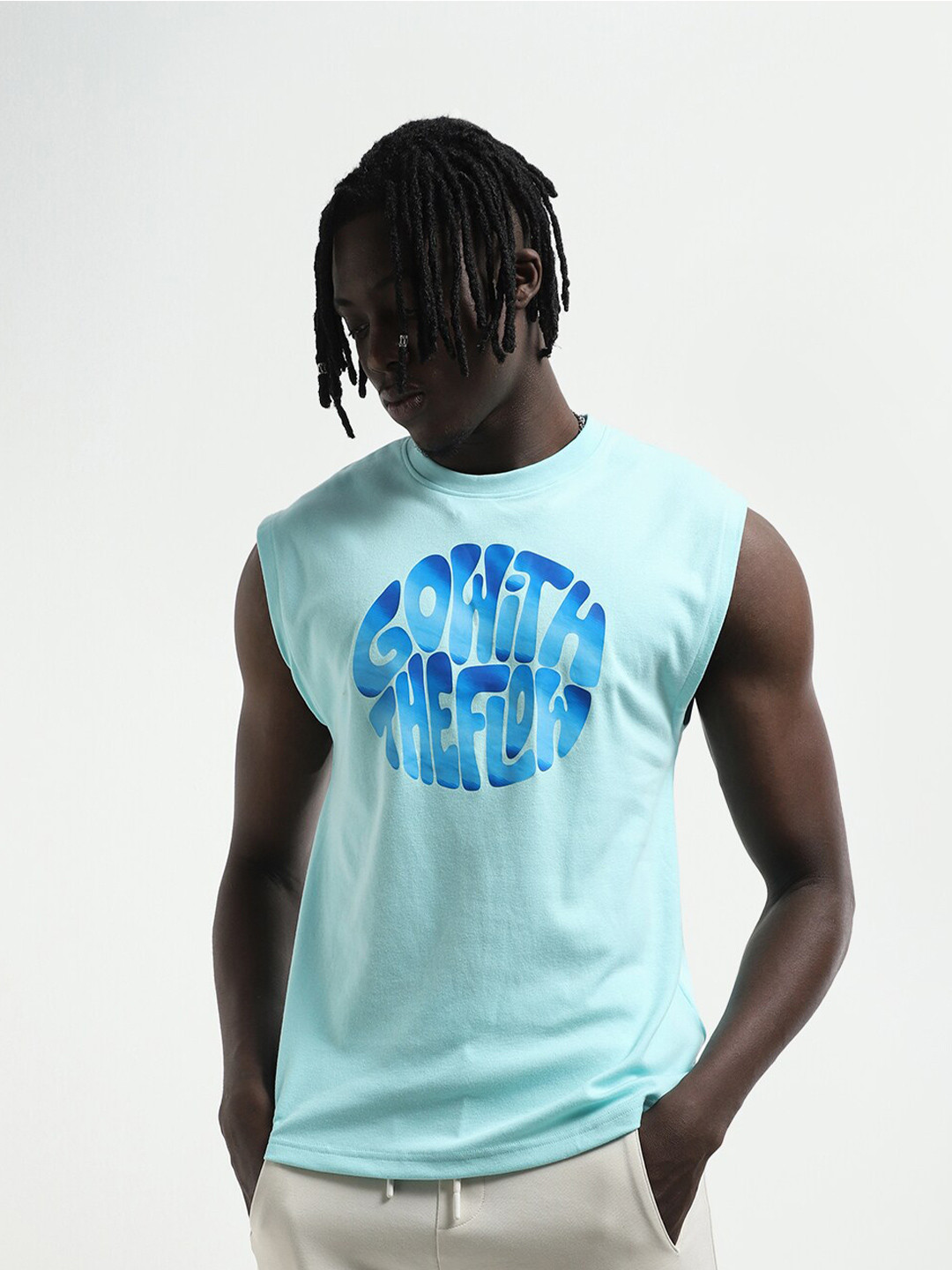 

BOYCOTT Men Typography Printed Round Neck Tank T-shirt, Blue