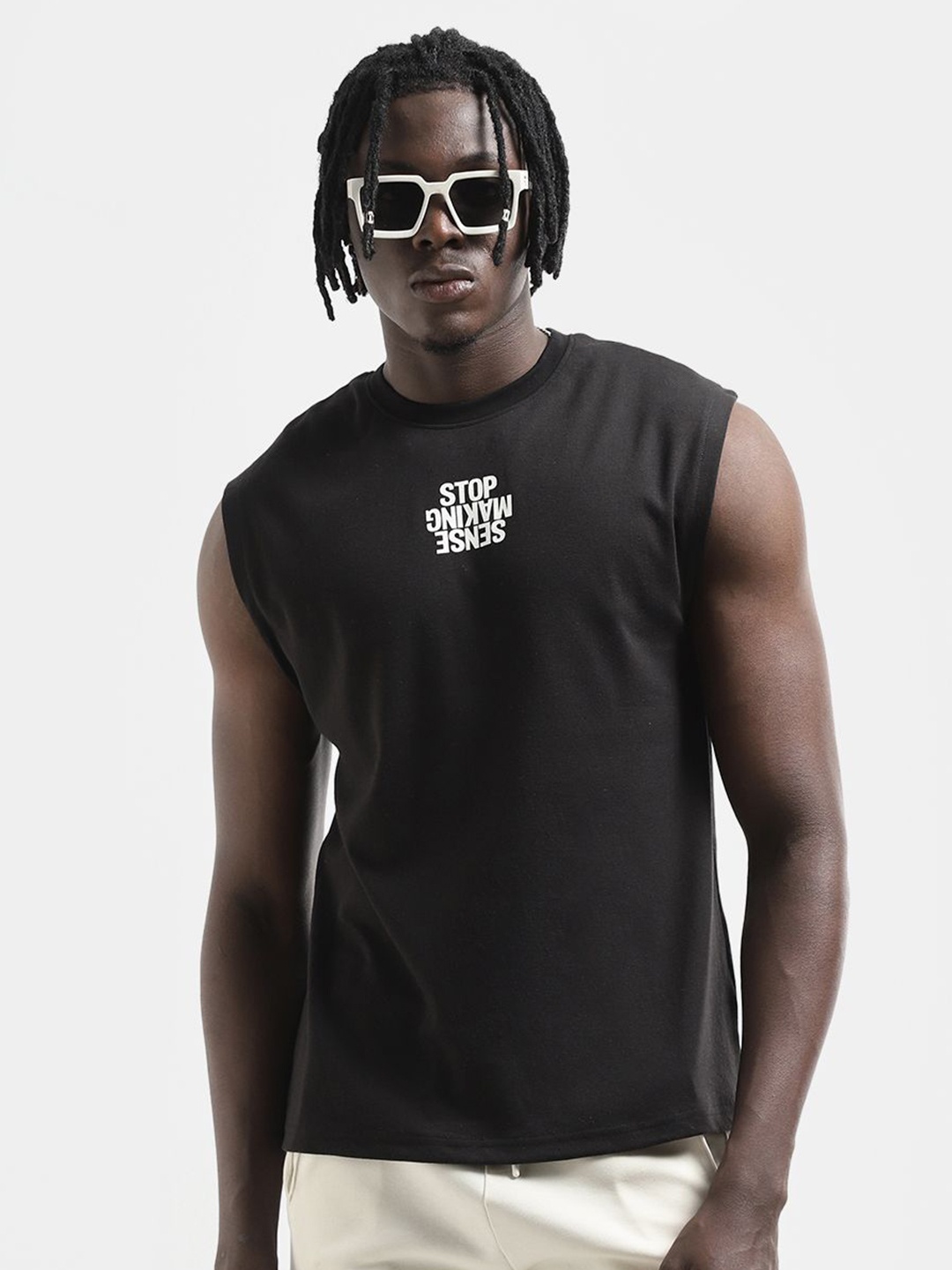 

BOYCOTT Round Neck Sleeveless Typographic Printed Cotton Regular Fit T-shirt, Black