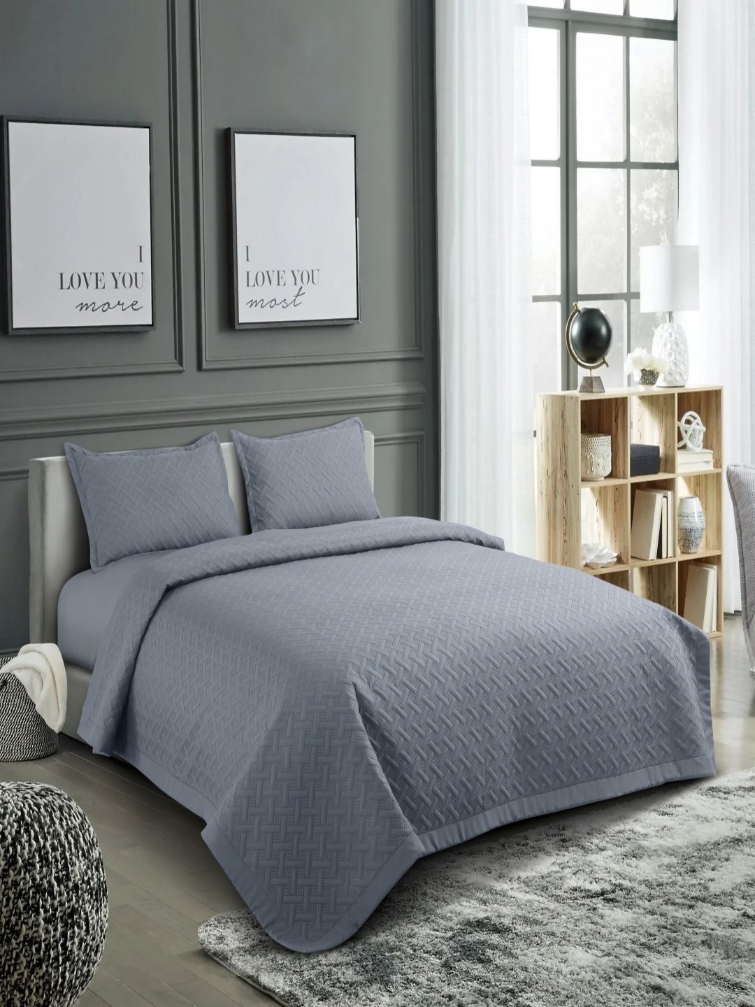 

HOSTA HOMES Grey Self Designed 280 GSM Double Queen Bed Cover With 2 Pillow Covers