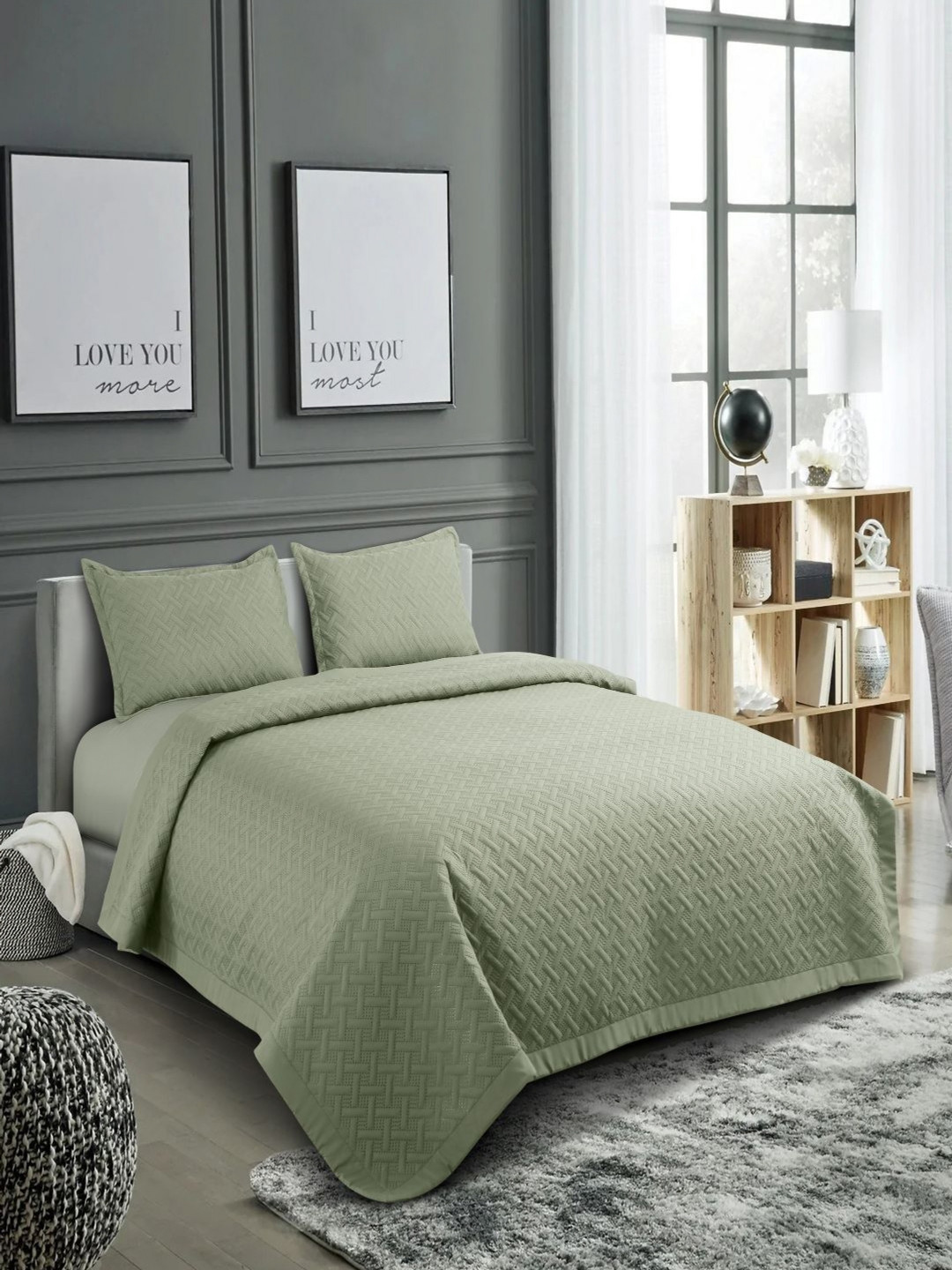 

HOSTA HOMES Olive Self Design 280 GSM Double Queen Bed Cover With 2 Pillow Covers