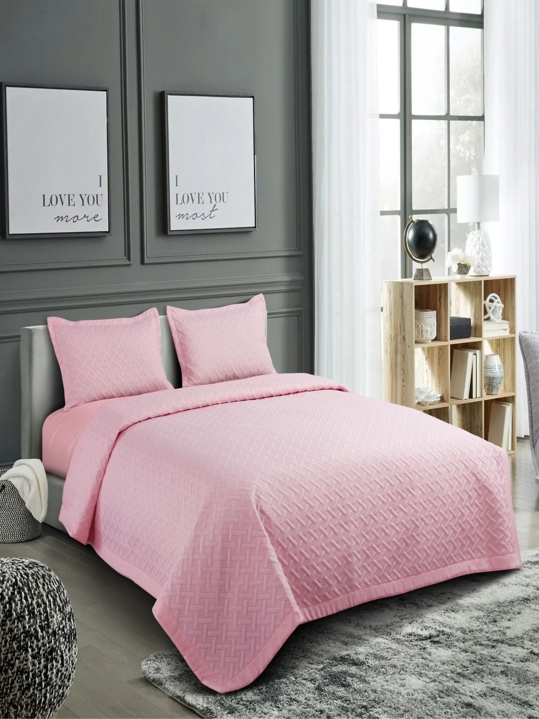 

HOSTA HOMES Pink Textured 280 TC Double Queen Bed Cover With Pillow Covers