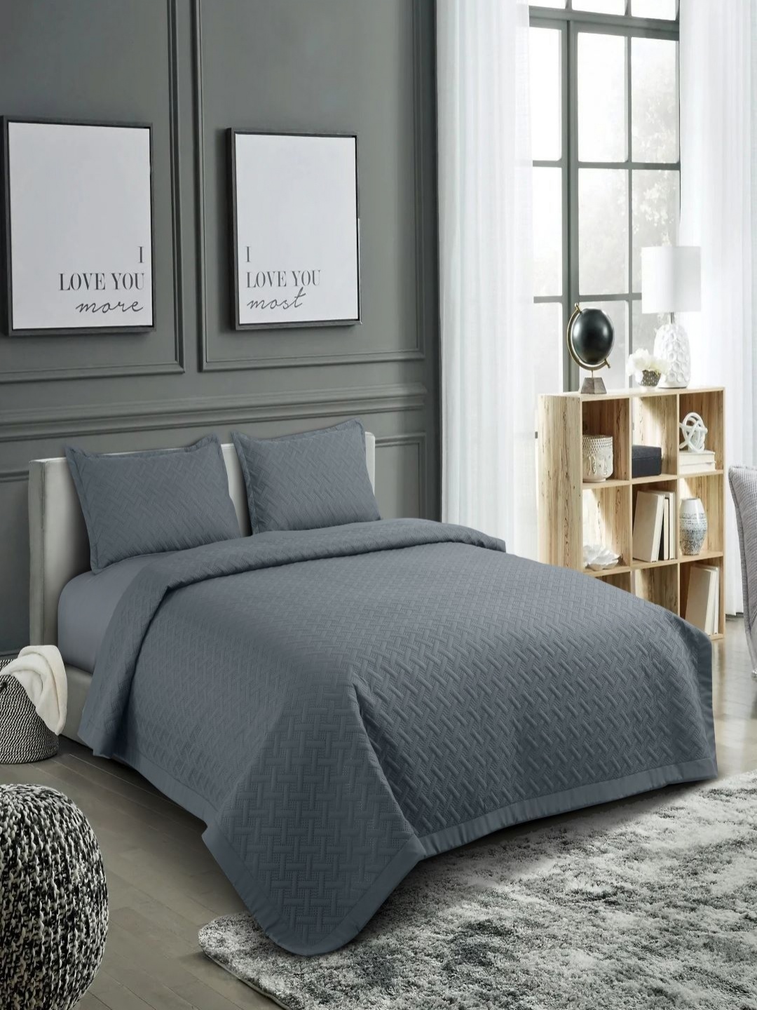 

HOSTA HOMES Grey Self Designed 280 GSM Double Queen Bed Cover With 2 Pillow Covers