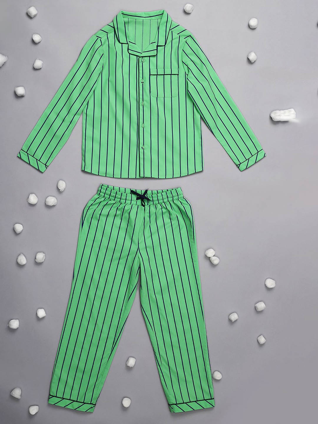 

One Friday Boys Striped Lapel Collar Pure Cotton Night suit, Green