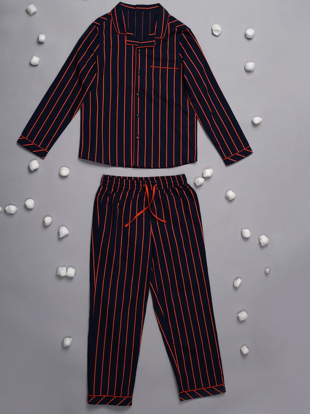 

One Friday Boys Striped Lapel Collar Pure Cotton Night suit, Navy blue