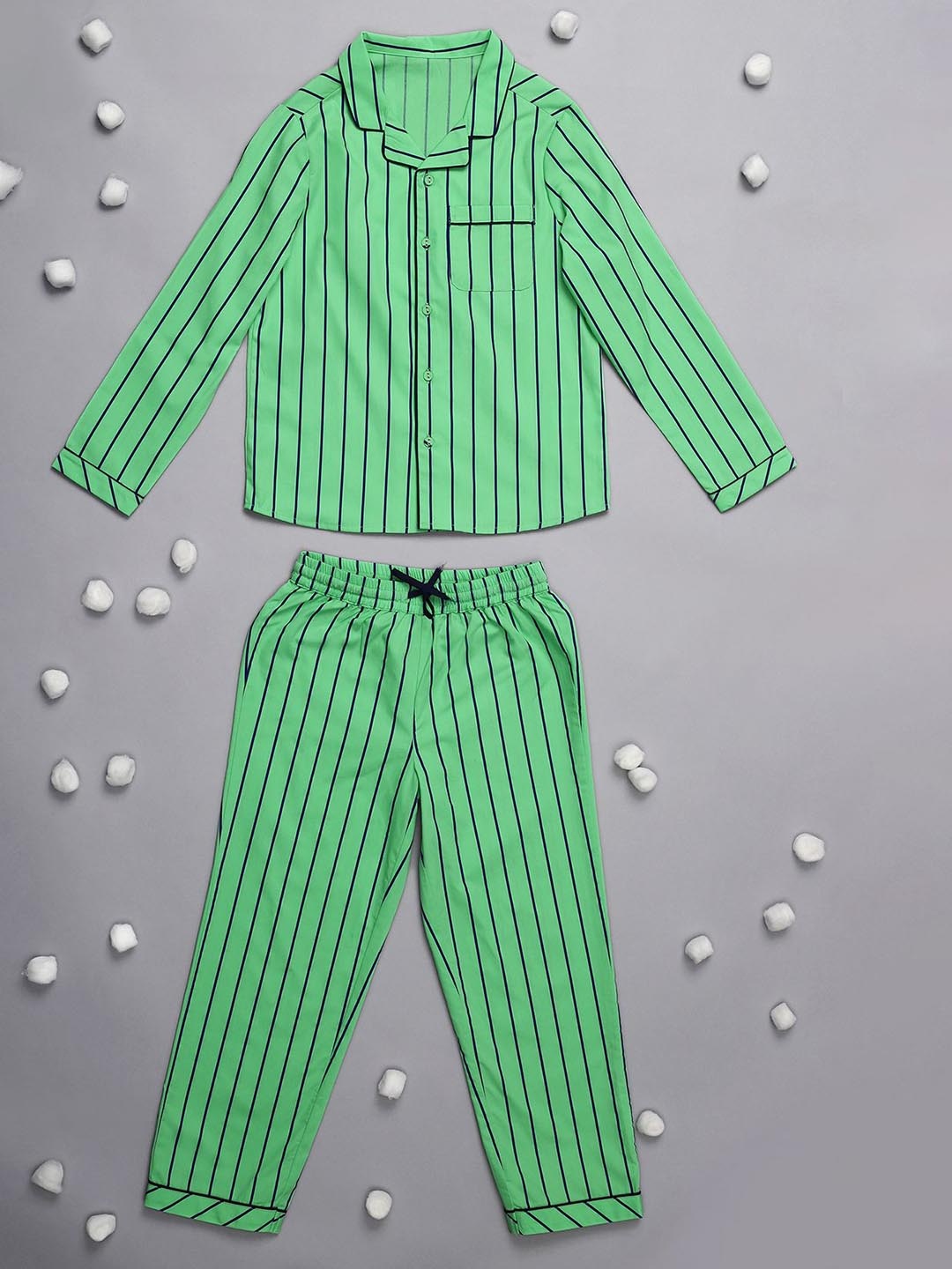 

One Friday Boys Striped Lapel Collar Pure Cotton Night suit, Green